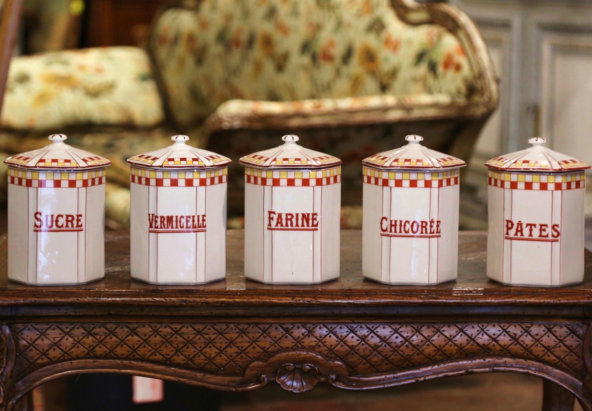 Hand-Crafted Mid-Century French Hand Painted Ceramic Canister - Set of 12 Pieces For Sale