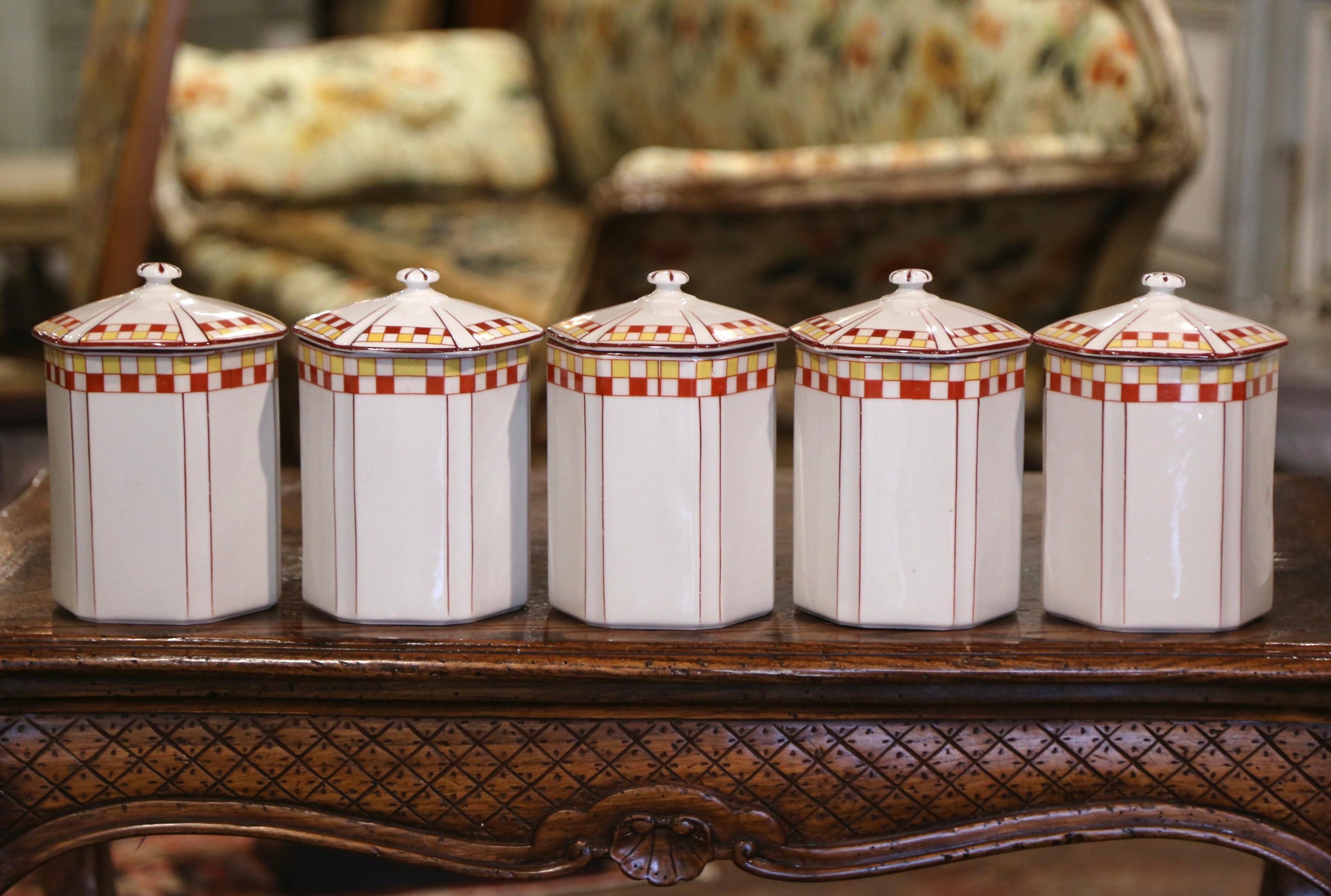Mid-Century French Hand Painted Ceramic Canister - Set of 12 Pieces In Excellent Condition For Sale In Dallas, TX