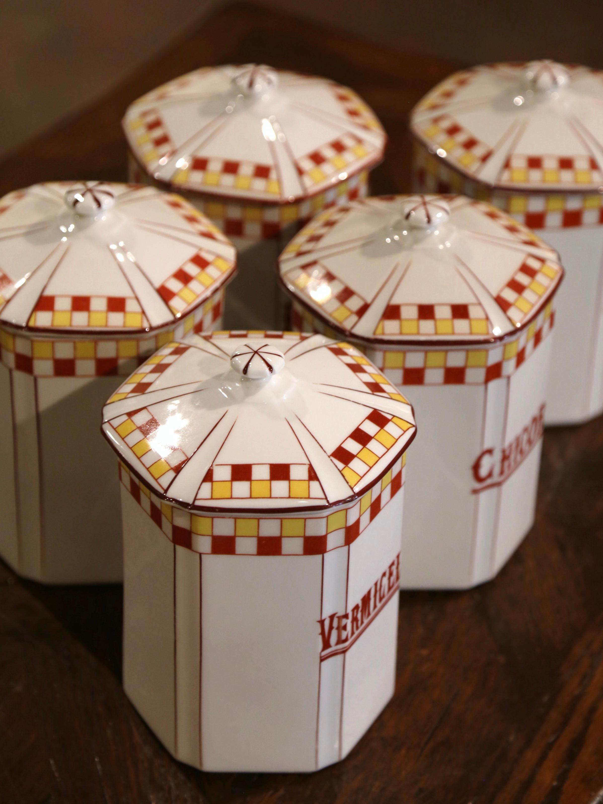 20th Century Mid-Century French Hand Painted Ceramic Canister - Set of 12 Pieces