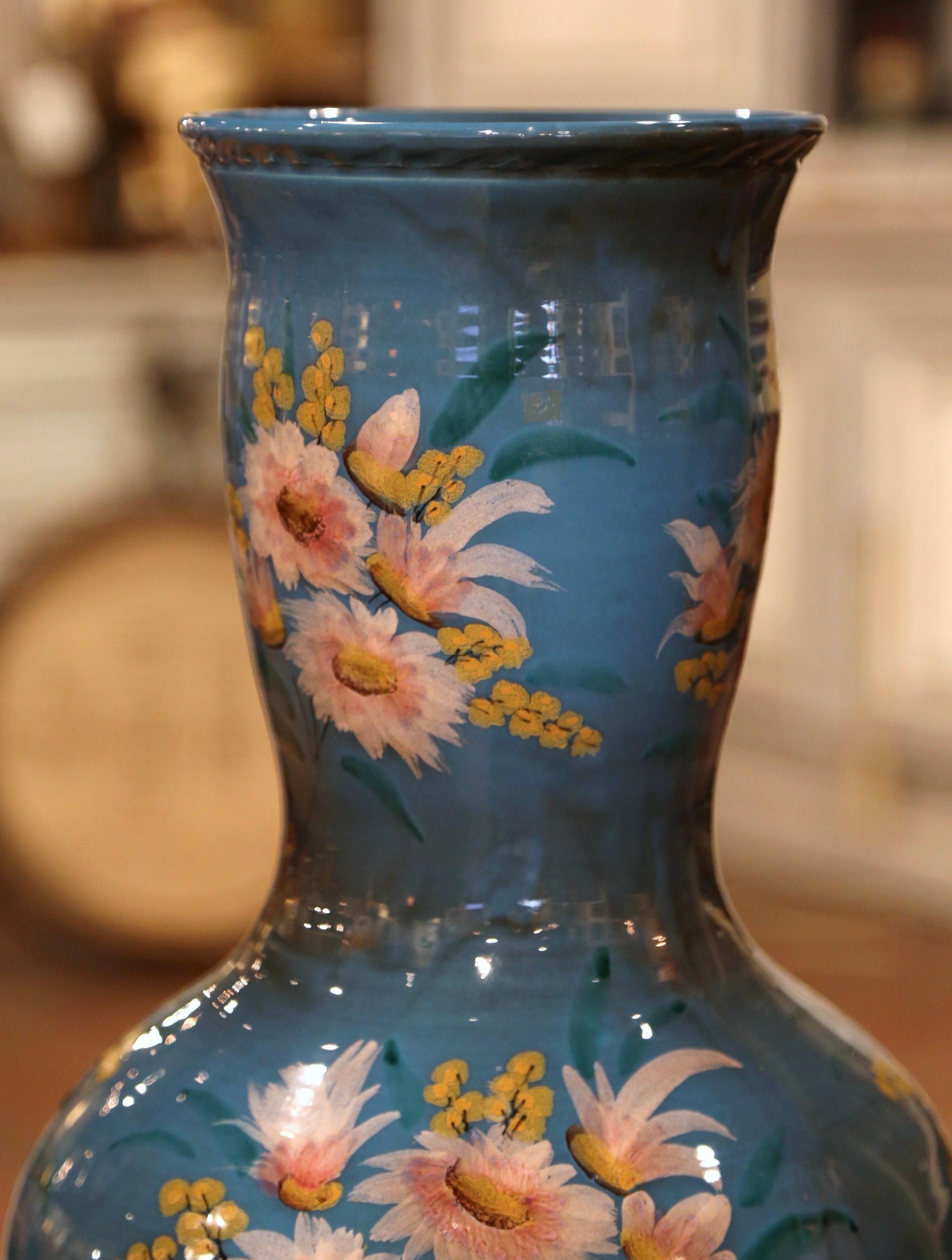 Art Deco Mid-Century French Hand Painted Ceramic Vase Signed F. Caleca Vallauris For Sale