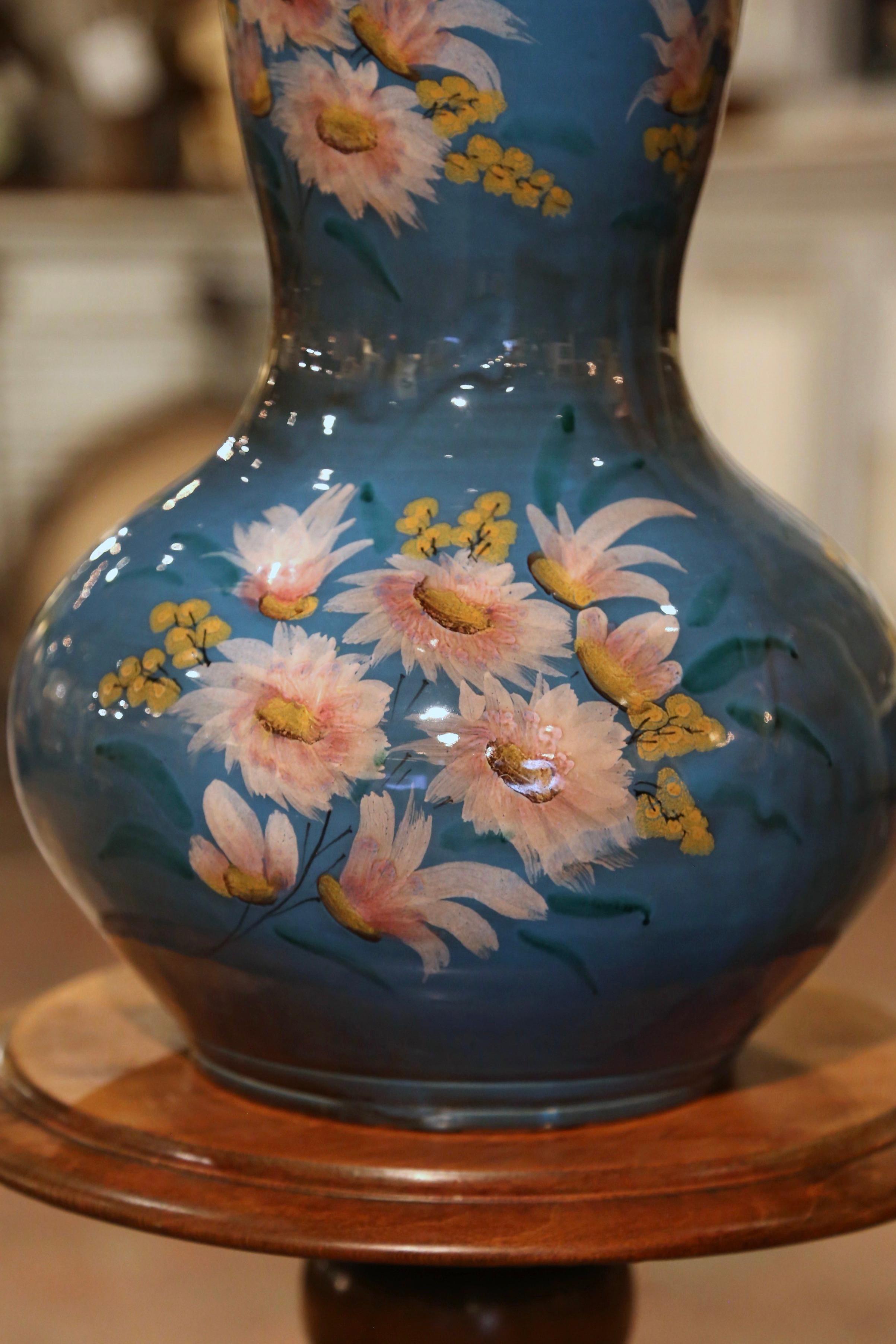 Hand-Painted Mid-Century French Hand Painted Ceramic Vase Signed F. Caleca Vallauris For Sale
