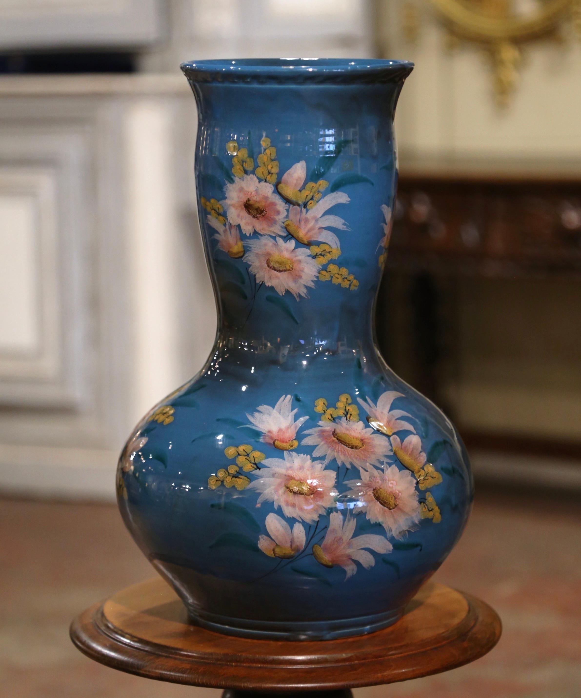 Mid-Century French Hand Painted Ceramic Vase Signed F. Caleca Vallauris In Excellent Condition For Sale In Dallas, TX