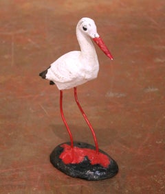 Mid-Century French Hand-Painted Concrete and Iron Stork Garden Sculpture