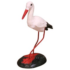 Mid-Century French Hand-Painted Concrete and Iron Stork Garden Sculpture