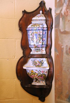 Mid-Century French Hand Painted Corner Desvres Wall Faience Lavabo Fountain