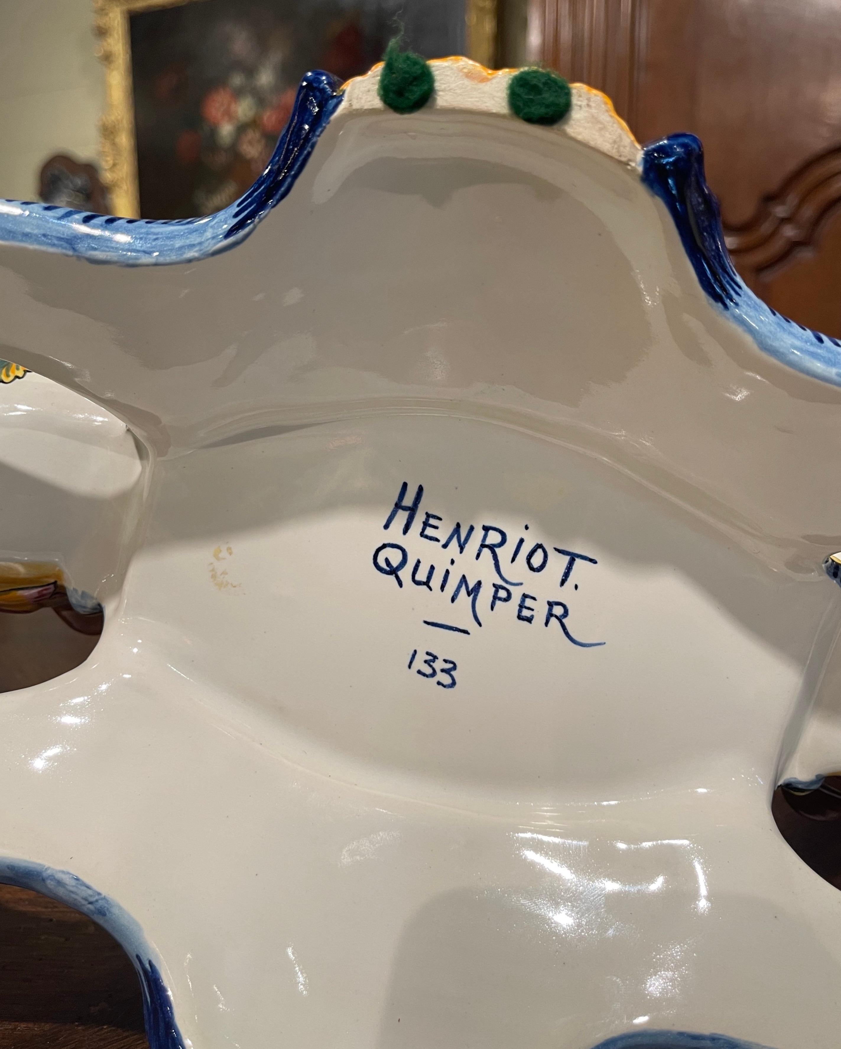 Mid-Century French Hand Painted Faience Centerpiece Signed Henriot Quimper For Sale 9
