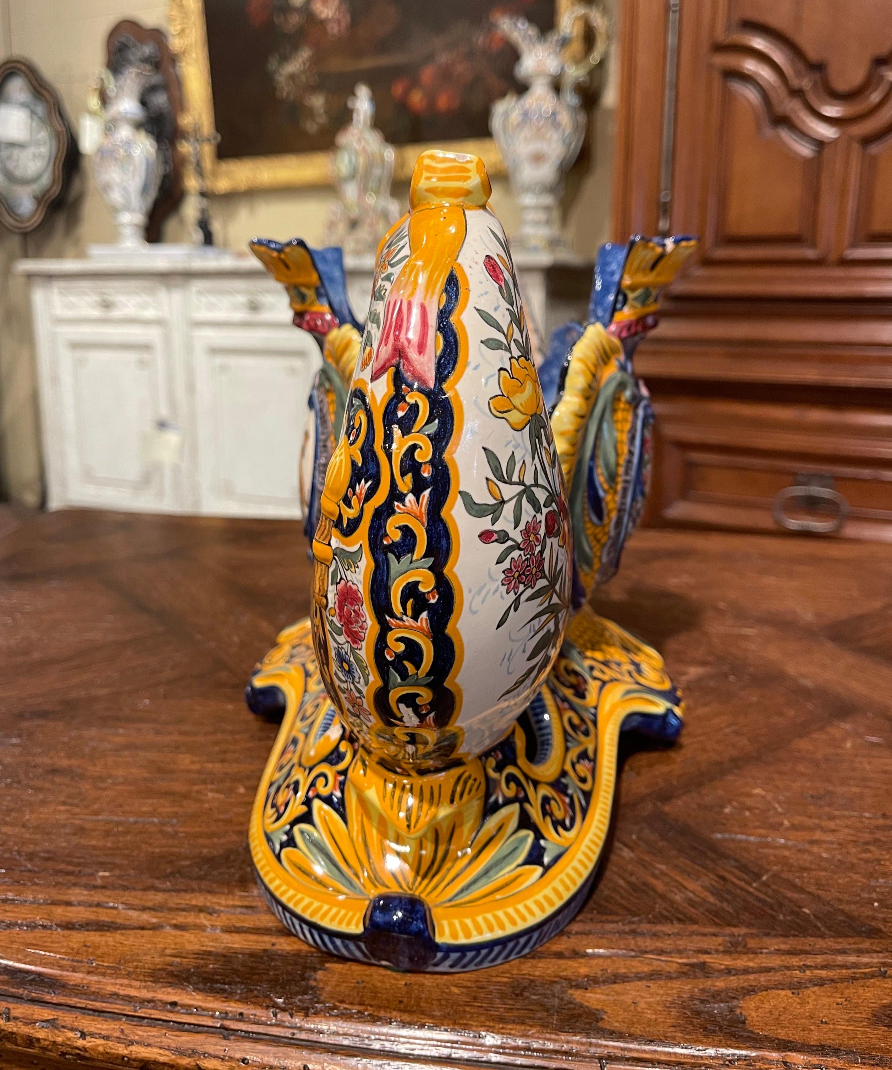 Mid-Century French Hand Painted Faience Centerpiece Signed Henriot Quimper For Sale 4