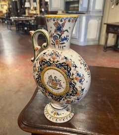 Mid-Century French Hand Painted Faience Ewer Jar from Rouen Normandy