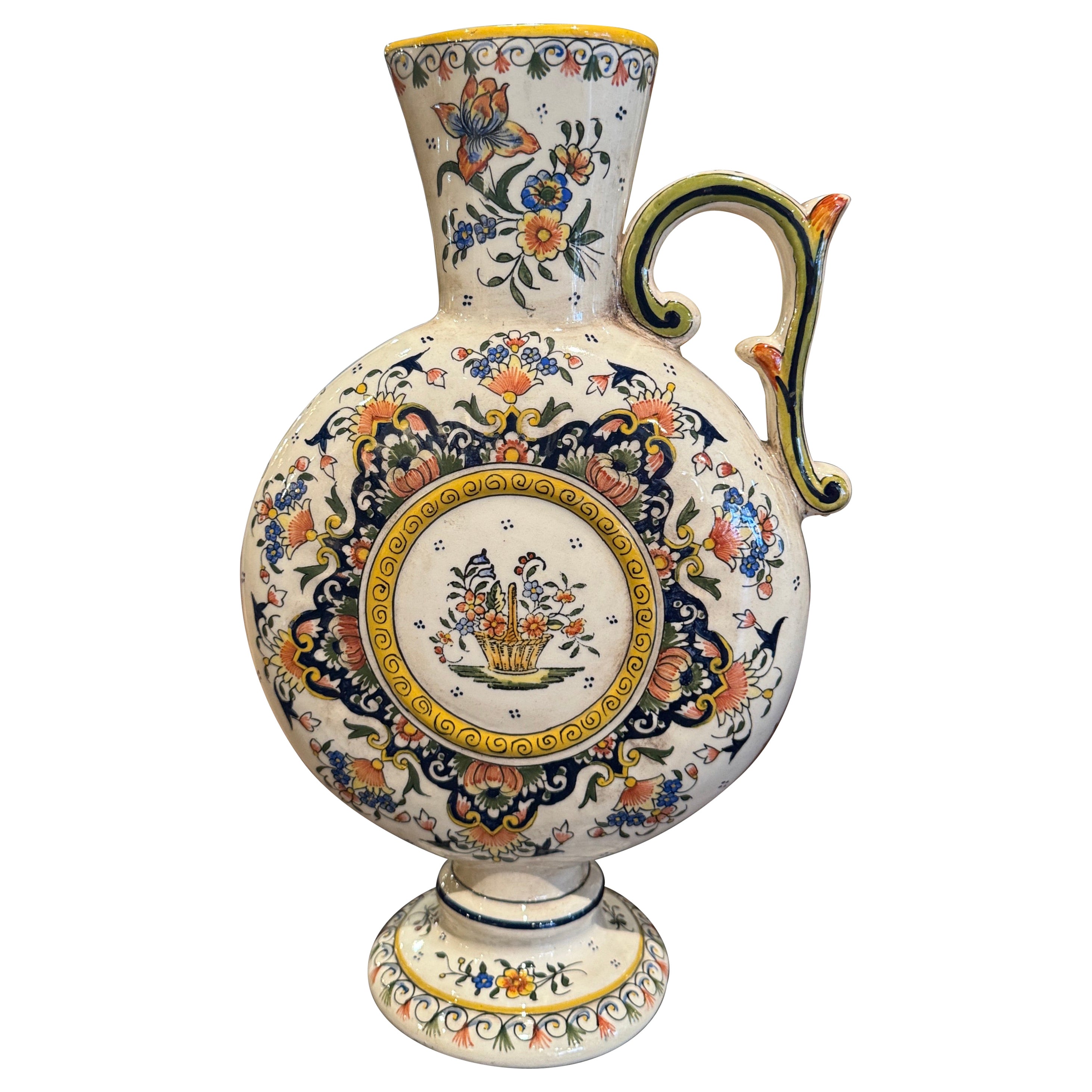 Mid-Century French Hand Painted Faience Ewer Jar from Rouen Normandy