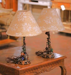 Mid-Century French Hand-Painted Figural Tole Table Lamps with Shades