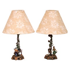 Mid-Century French Hand-Painted Figural Tole Table Lamps with Shades