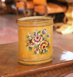 Mid-Century French Hand-Painted Floral Tole Waste Basket