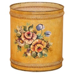 Mid-Century French Hand-Painted Floral Tole Waste Basket