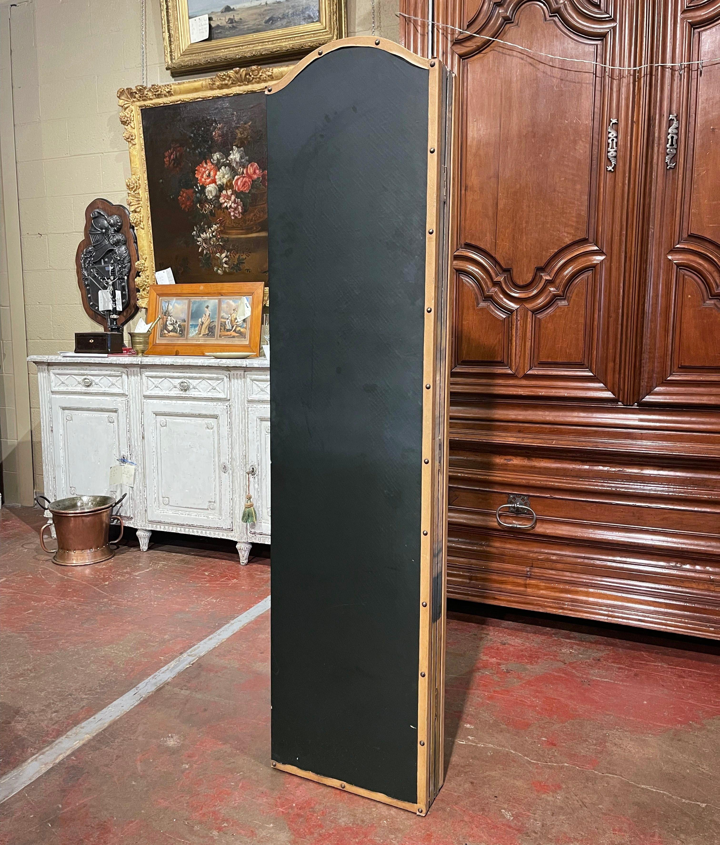 Mid-Century French Hand Painted Four-Panel Folding Screen with Leather Trim 3