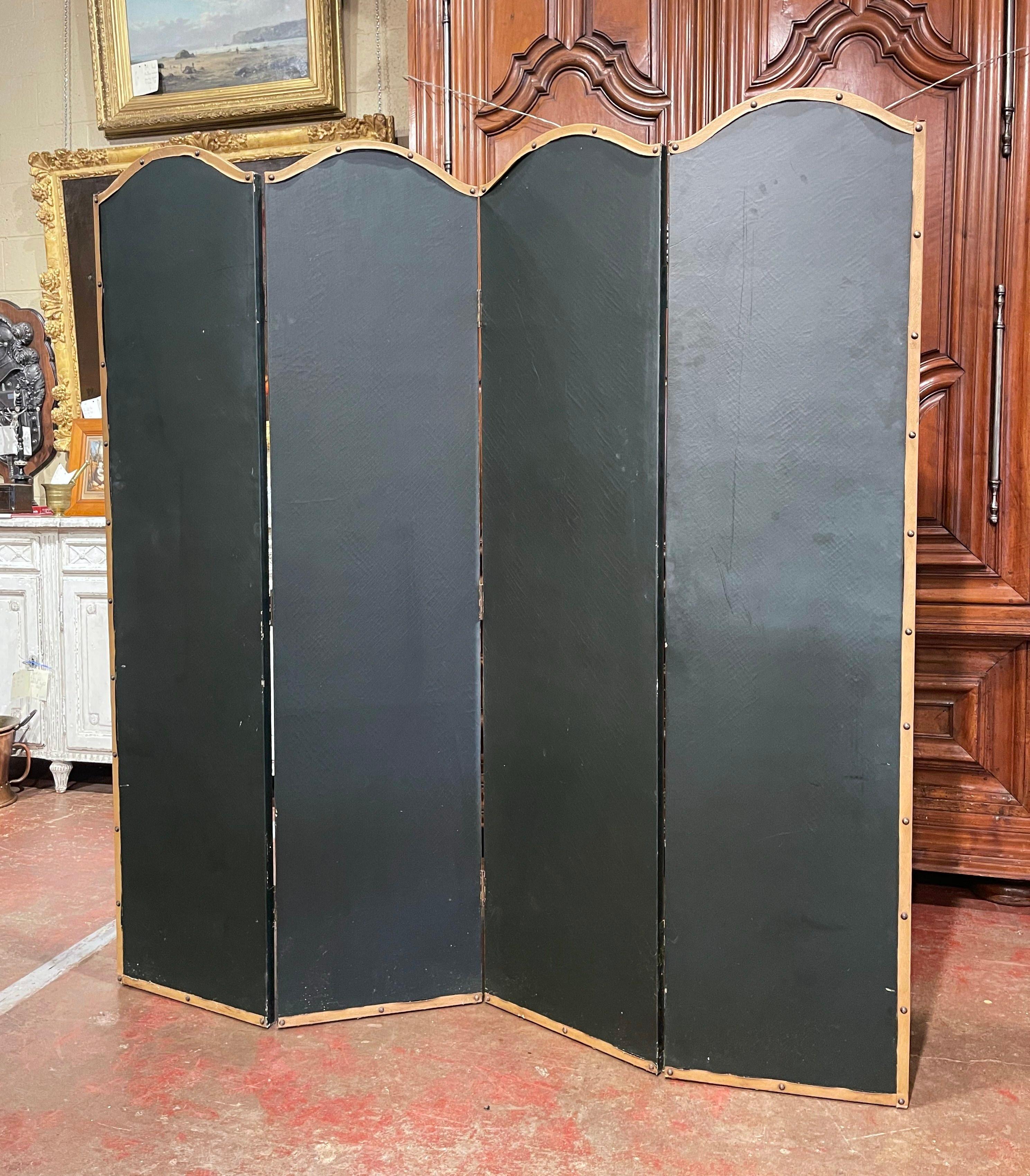 Mid-Century French Hand Painted Four-Panel Folding Screen with Leather Trim 4