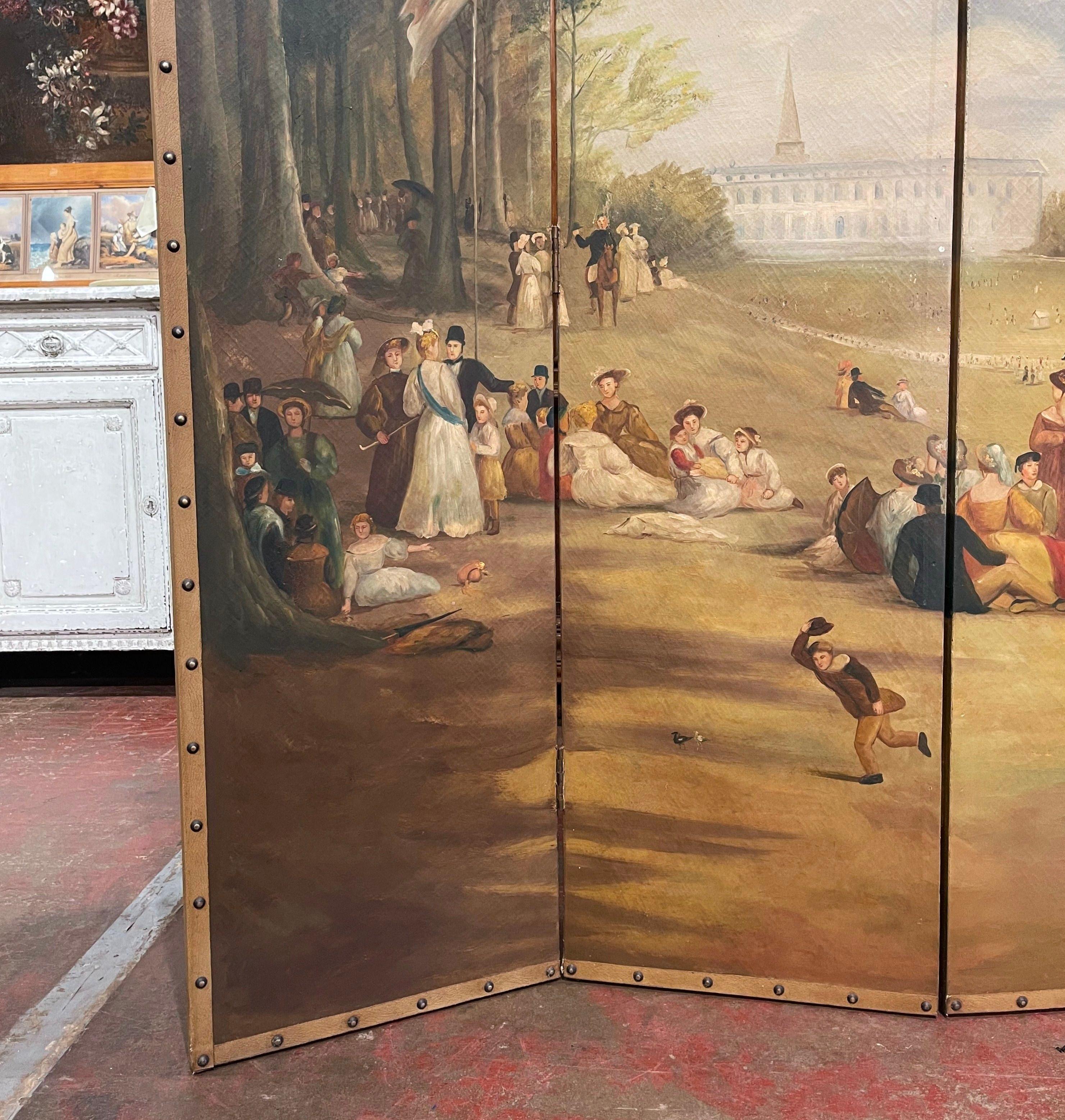 Louis XV Mid-Century French Hand Painted Four-Panel Folding Screen with Leather Trim