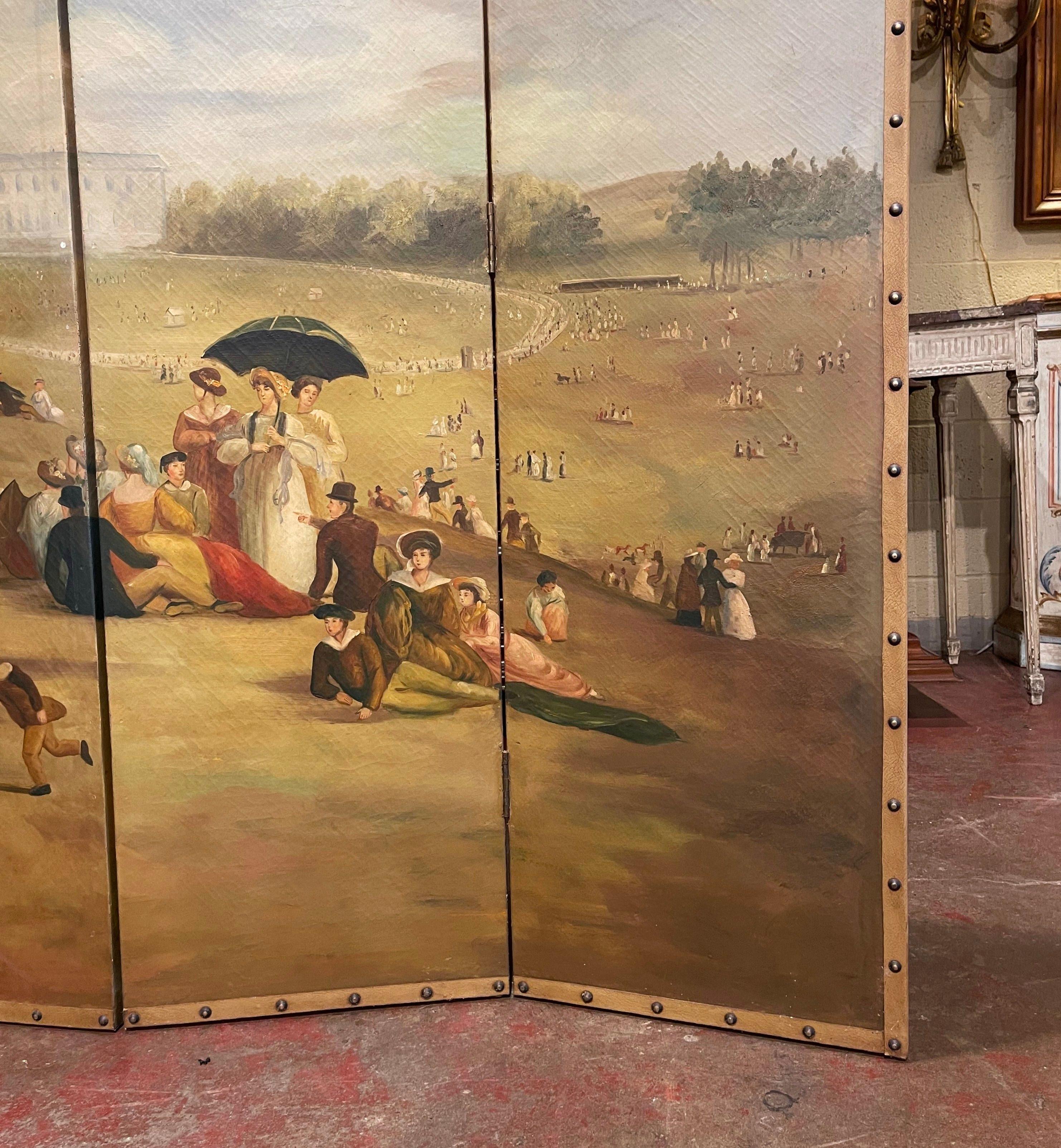 Hand-Painted Mid-Century French Hand Painted Four-Panel Folding Screen with Leather Trim