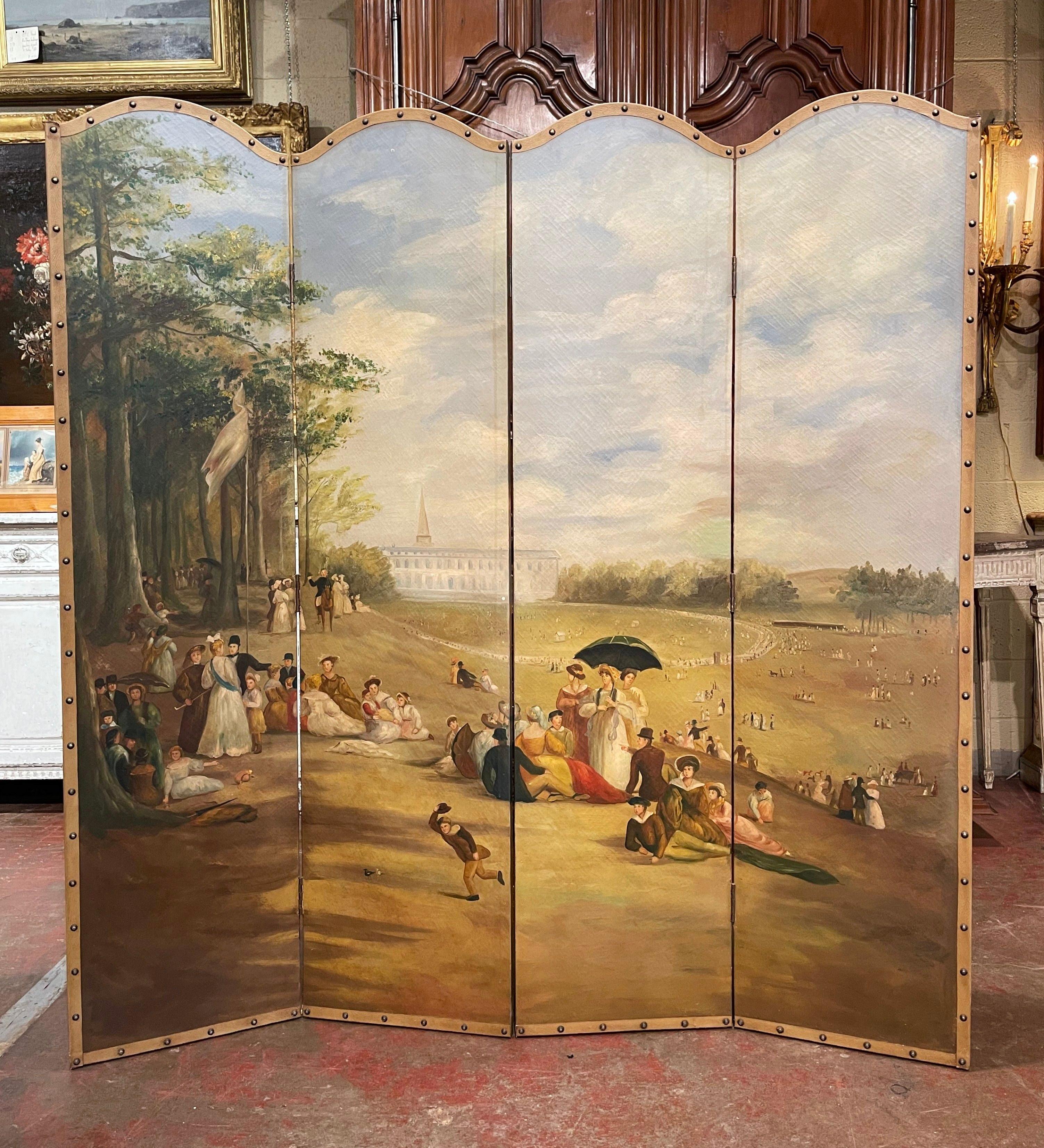 Mid-Century French Hand Painted Four-Panel Folding Screen with Leather Trim In Excellent Condition In Dallas, TX