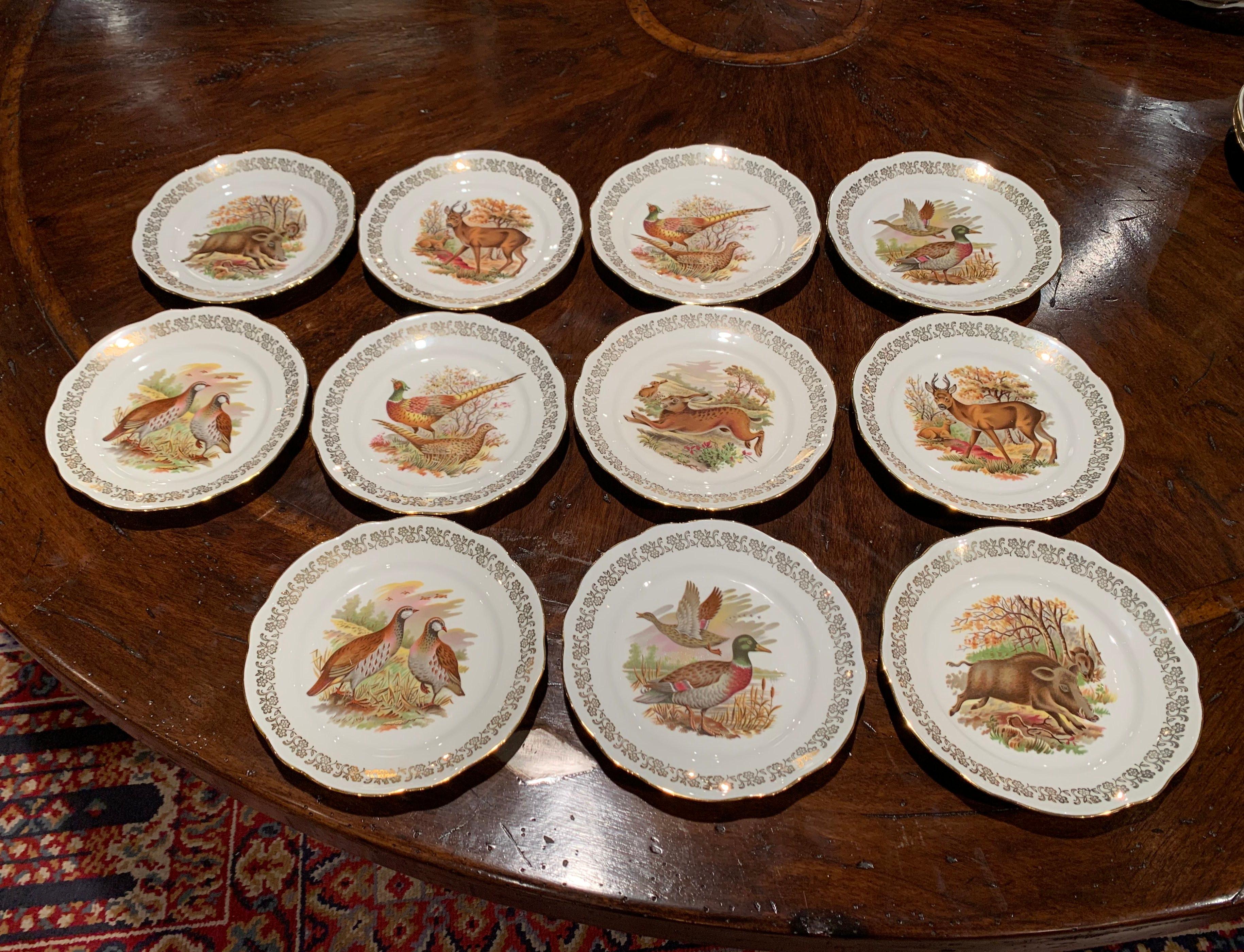 Midcentury French Hand Painted Porcelain and Gilt Hunt Motifs Dinnerware Set 6