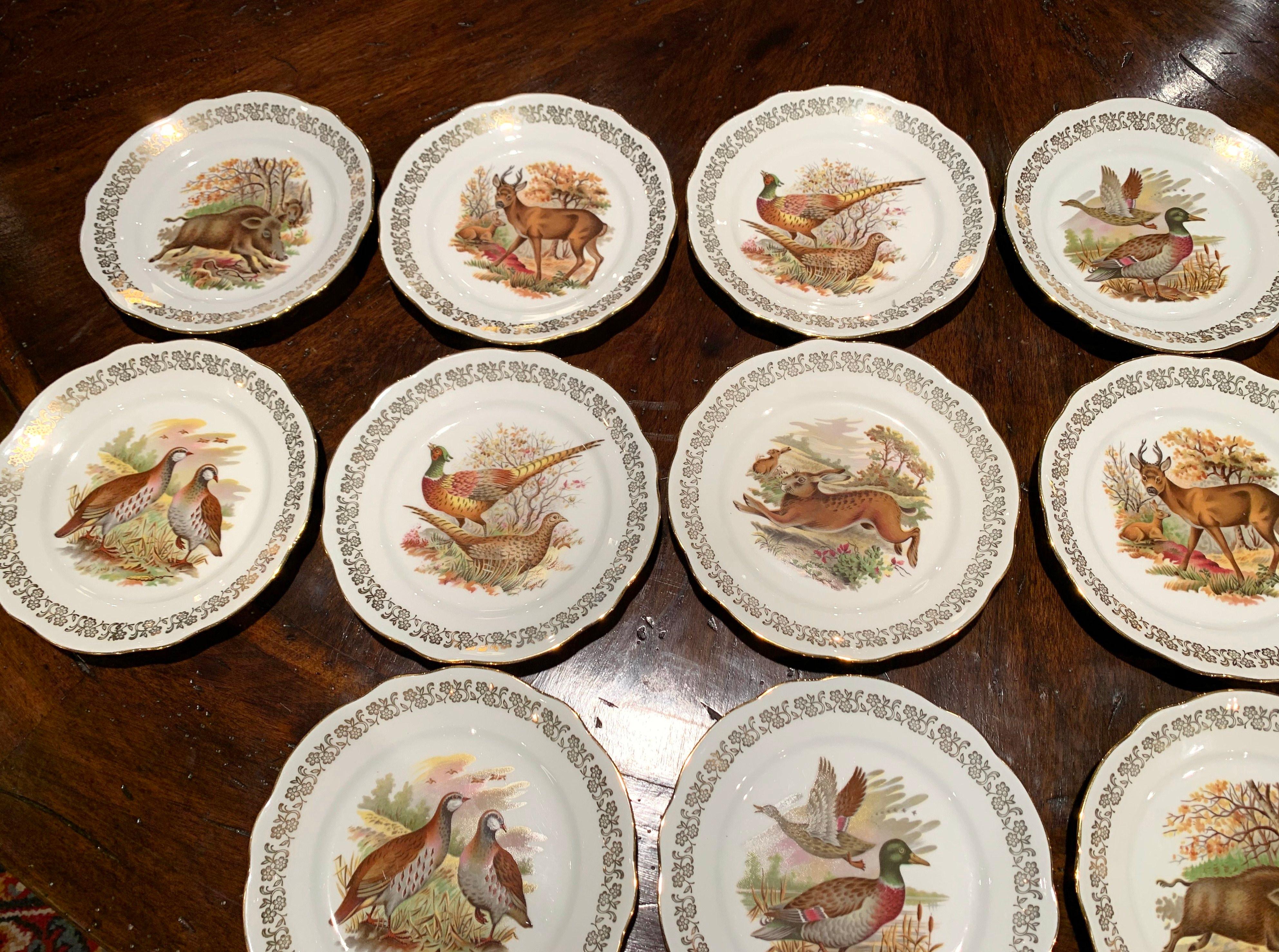 Midcentury French Hand Painted Porcelain and Gilt Hunt Motifs Dinnerware Set 7