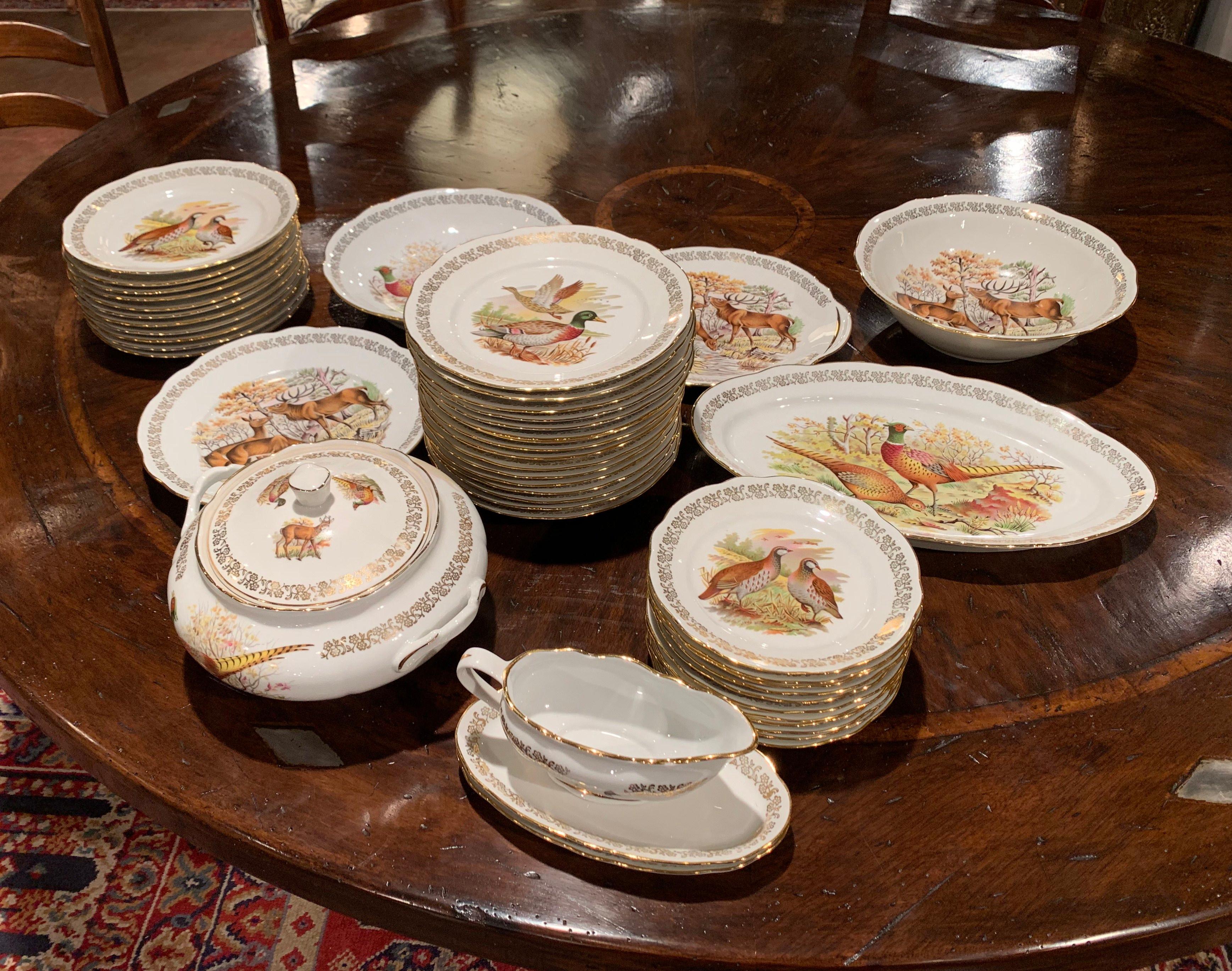 20th Century Midcentury French Hand Painted Porcelain and Gilt Hunt Motifs Dinnerware Set