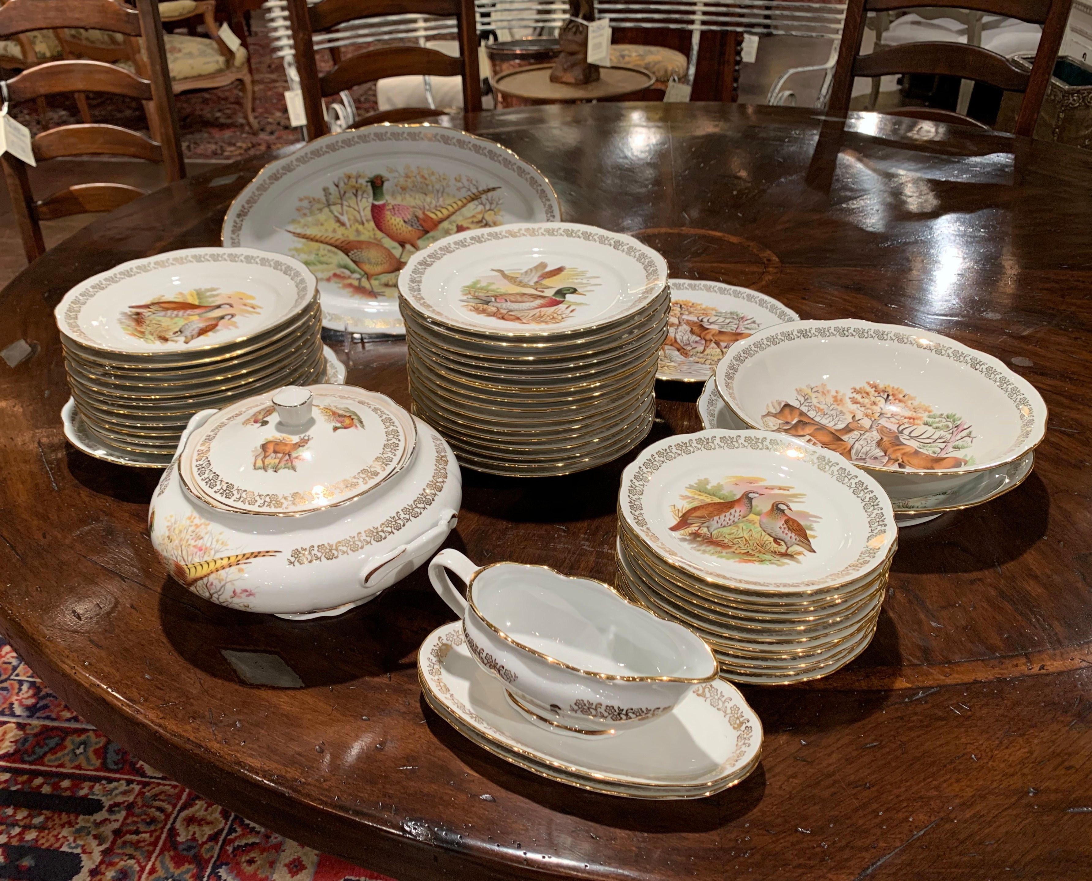 Midcentury French Hand Painted Porcelain and Gilt Hunt Motifs Dinnerware Set 1