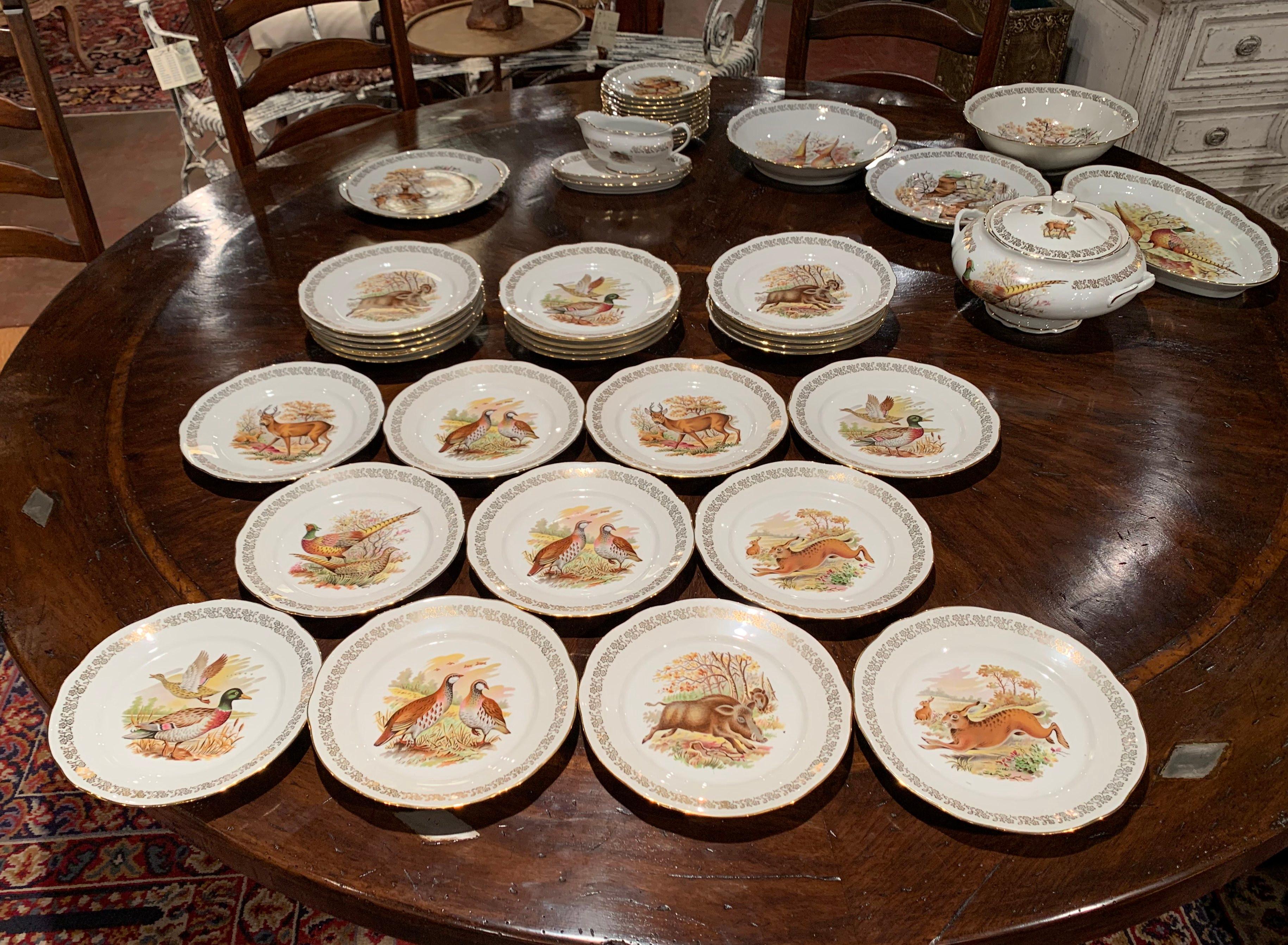Midcentury French Hand Painted Porcelain and Gilt Hunt Motifs Dinnerware Set 3