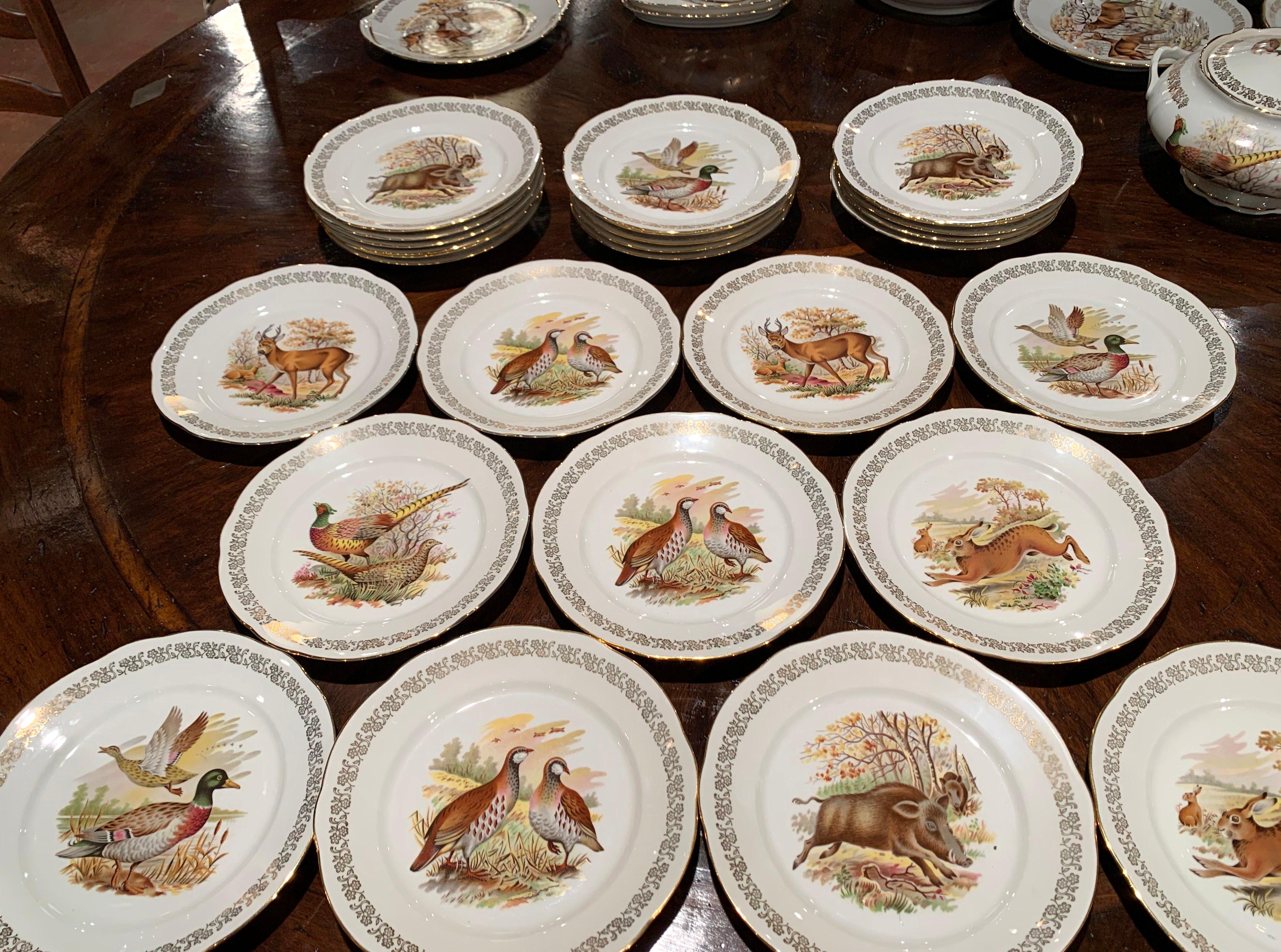 Midcentury French Hand Painted Porcelain and Gilt Hunt Motifs Dinnerware Set 4