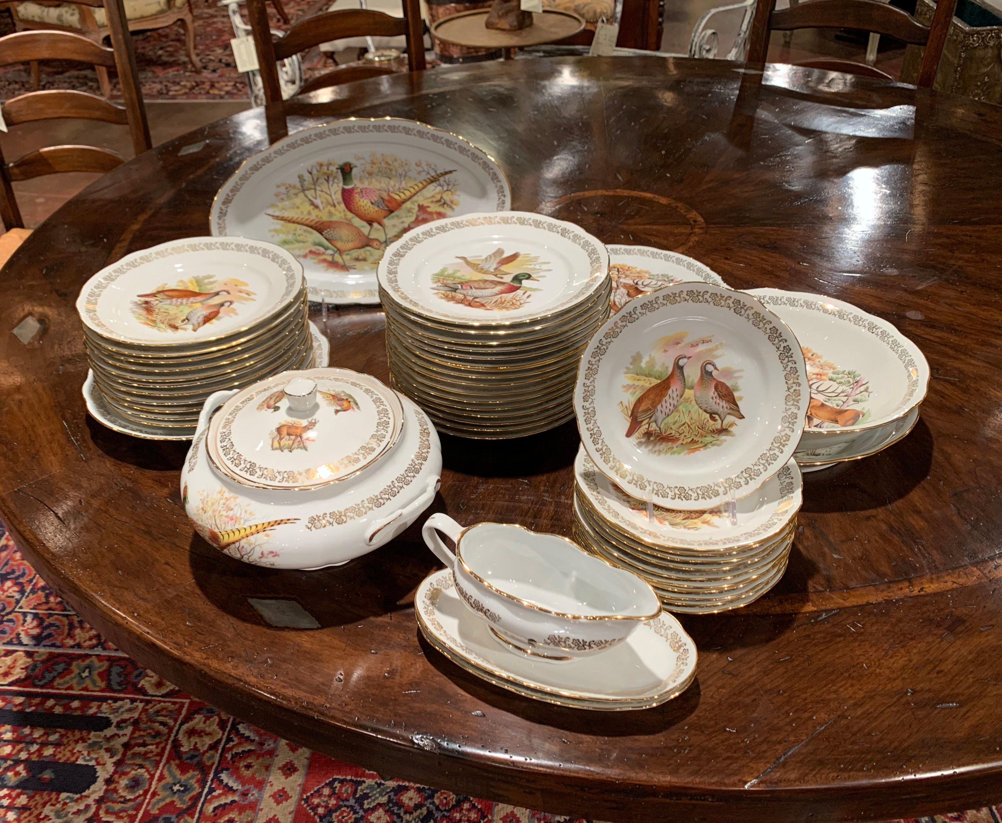 Midcentury French Hand Painted Porcelain and Gilt Hunt Motifs Dinnerware Set 5