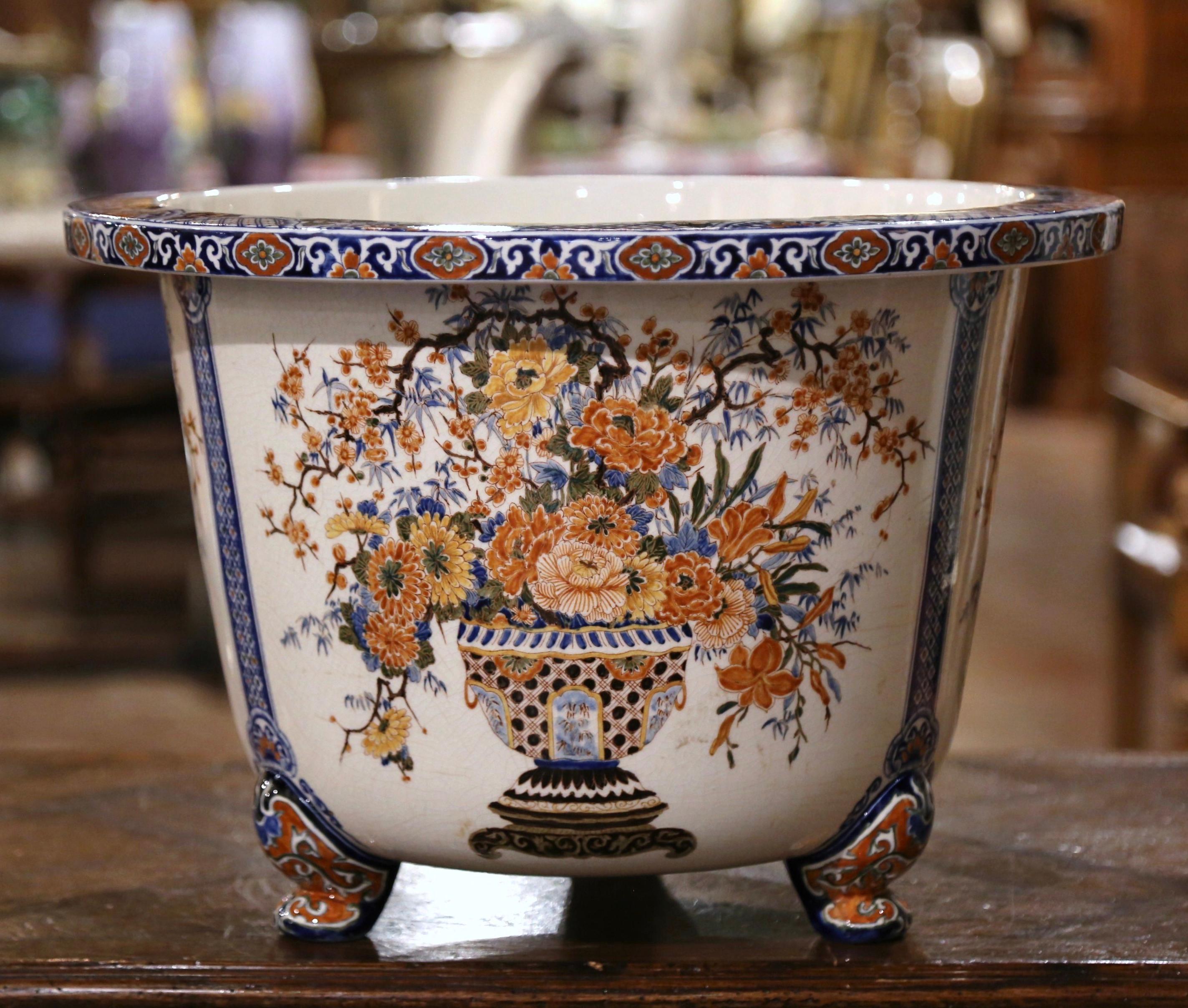 Mid-Century French Hand Painted Porcelain Planter with Floral Motifs In Excellent Condition For Sale In Dallas, TX
