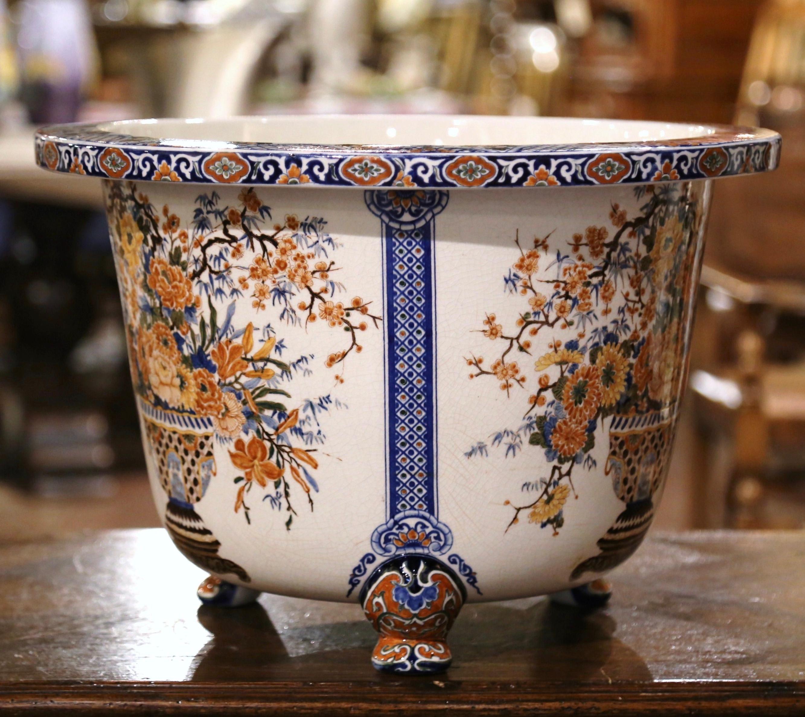 20th Century Mid-Century French Hand Painted Porcelain Planter with Floral Motifs For Sale