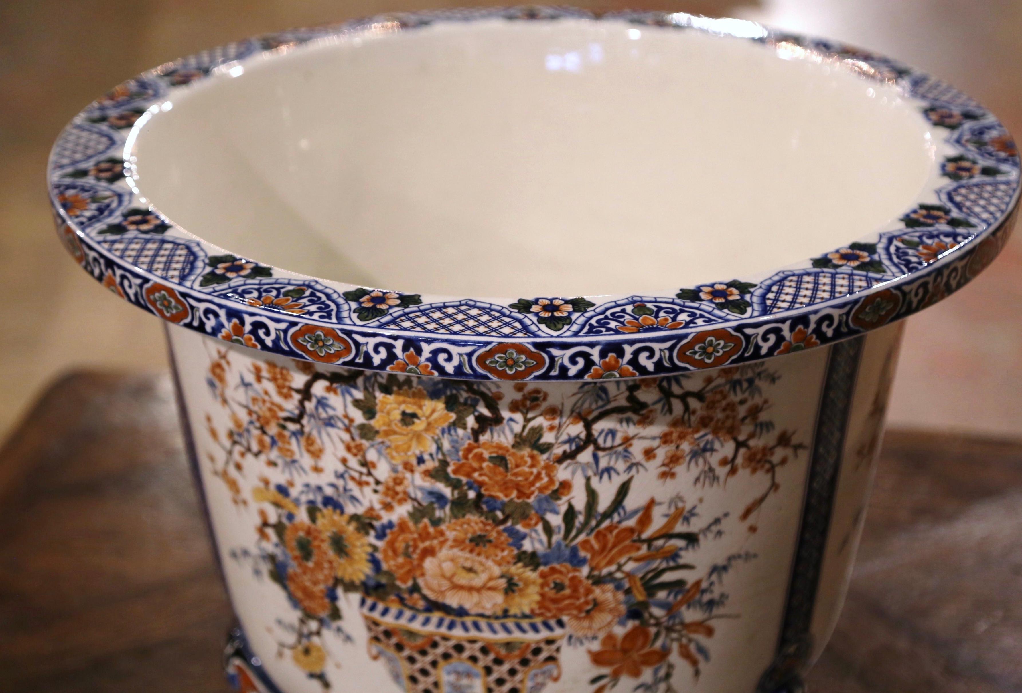 Mid-Century French Hand Painted Porcelain Planter with Floral Motifs For Sale 1