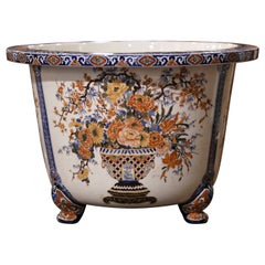 Mid-Century French Hand Painted Porcelain Planter with Floral Motifs