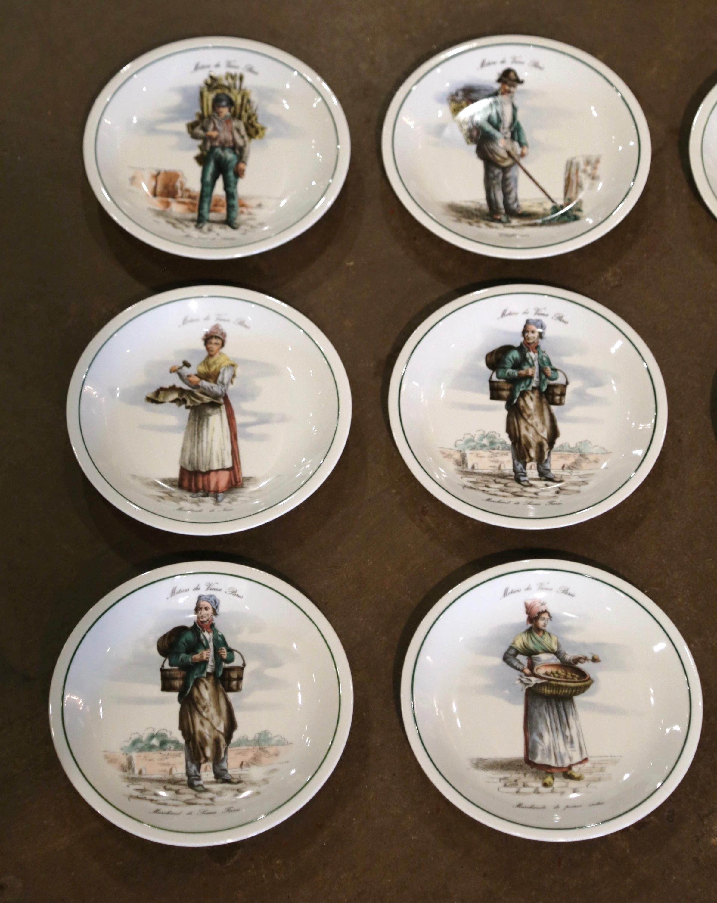 Hand-Painted Mid-Century French Hand Painted Porcelain Plates from Paris, Set of 12 For Sale