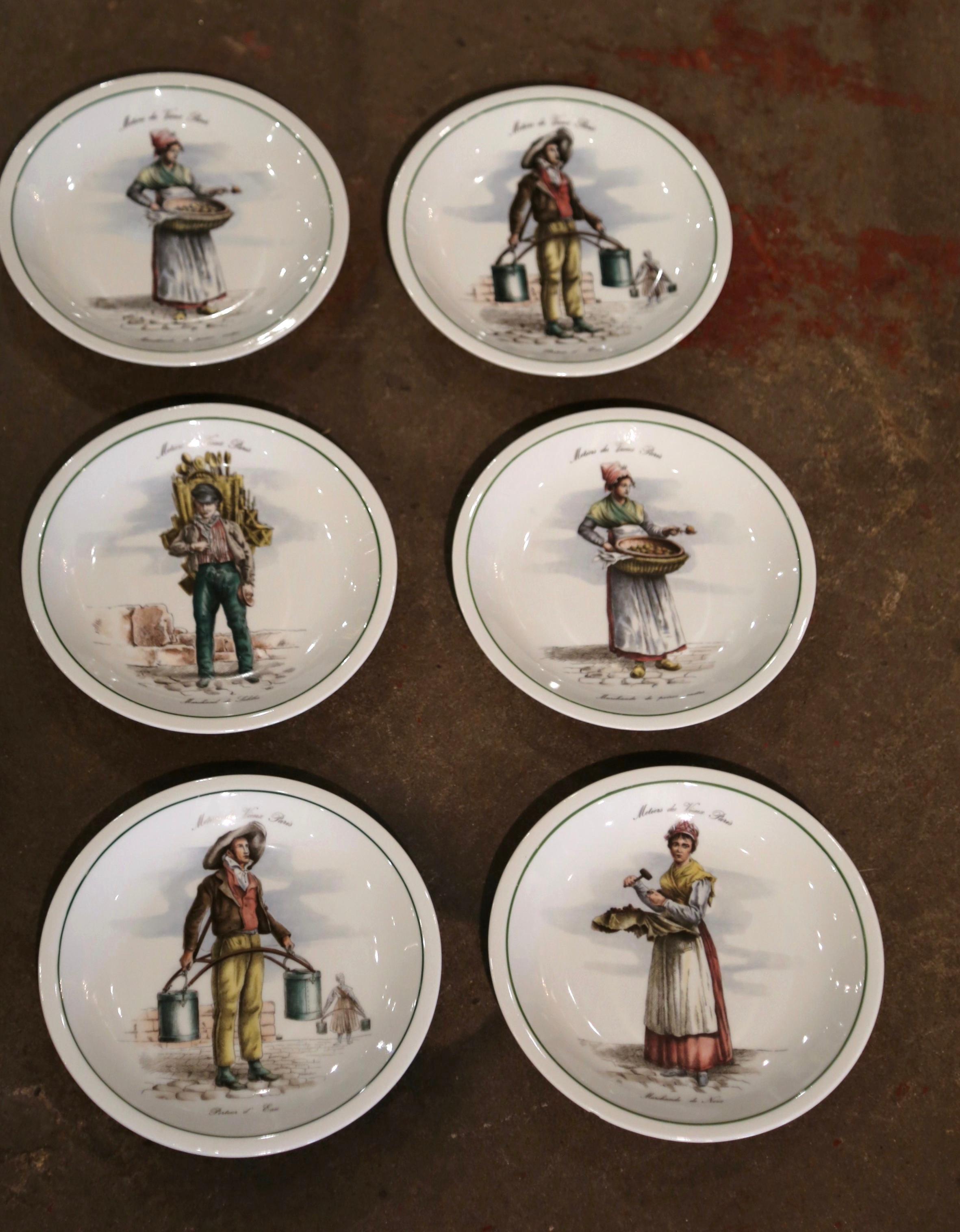 Mid-Century French Hand Painted Porcelain Plates from Paris, Set of 12 In Excellent Condition For Sale In Dallas, TX