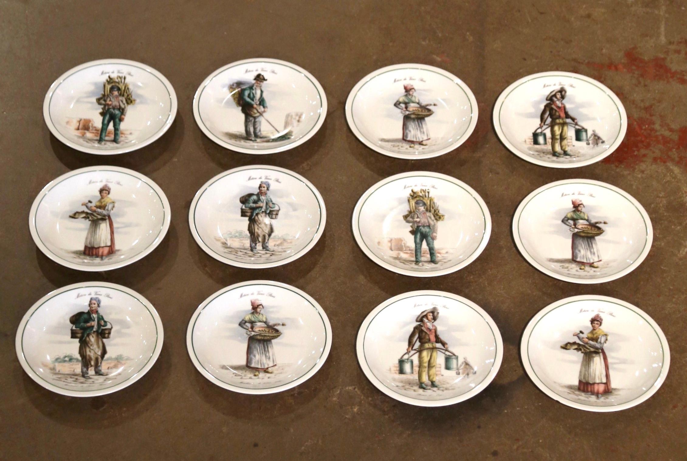 20th Century Mid-Century French Hand Painted Porcelain Plates from Paris, Set of 12 For Sale