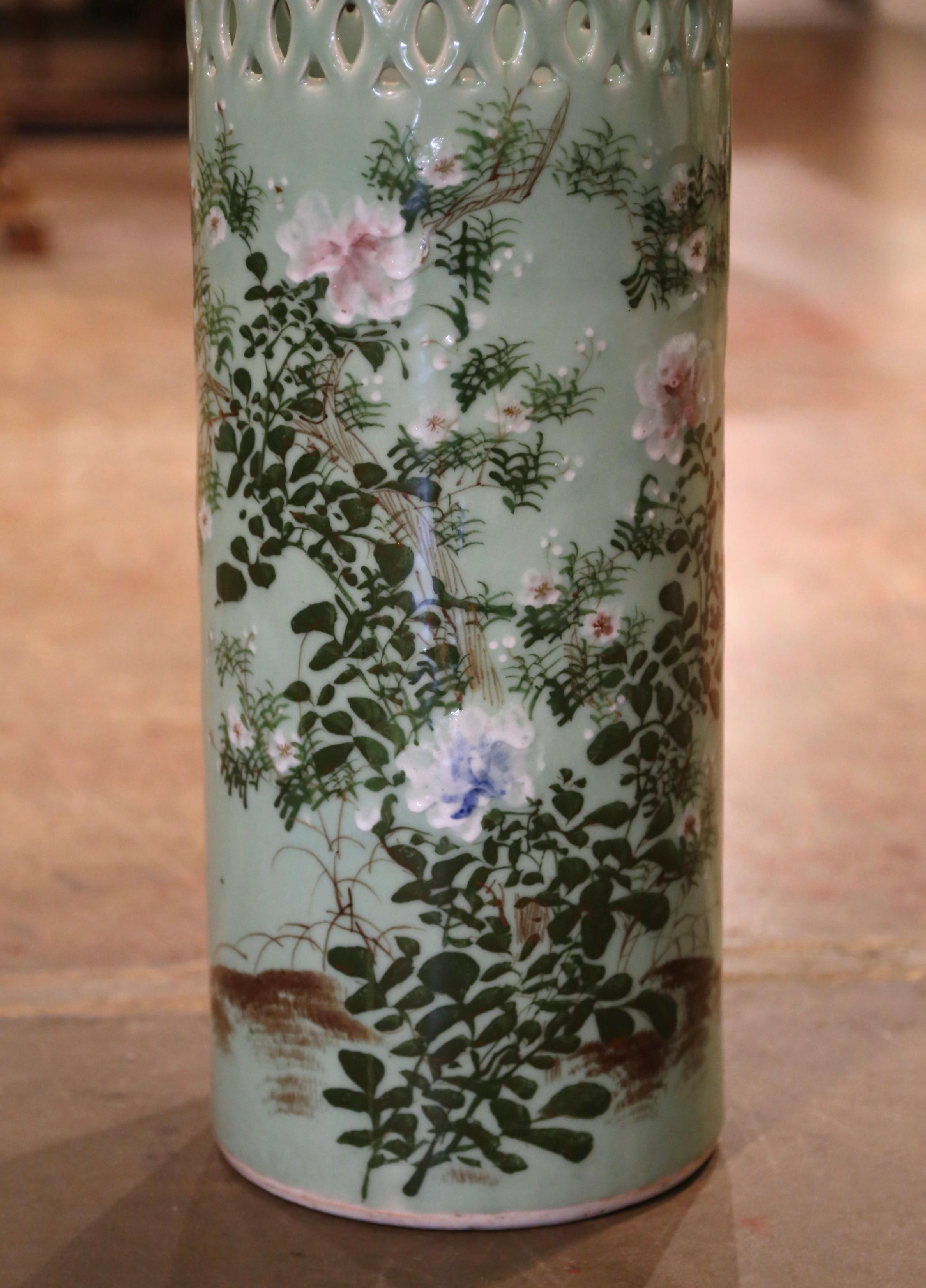 Hand-Painted Mid-Century French Hand Painted Porcelain Umbrella Stand with Floral Motifs