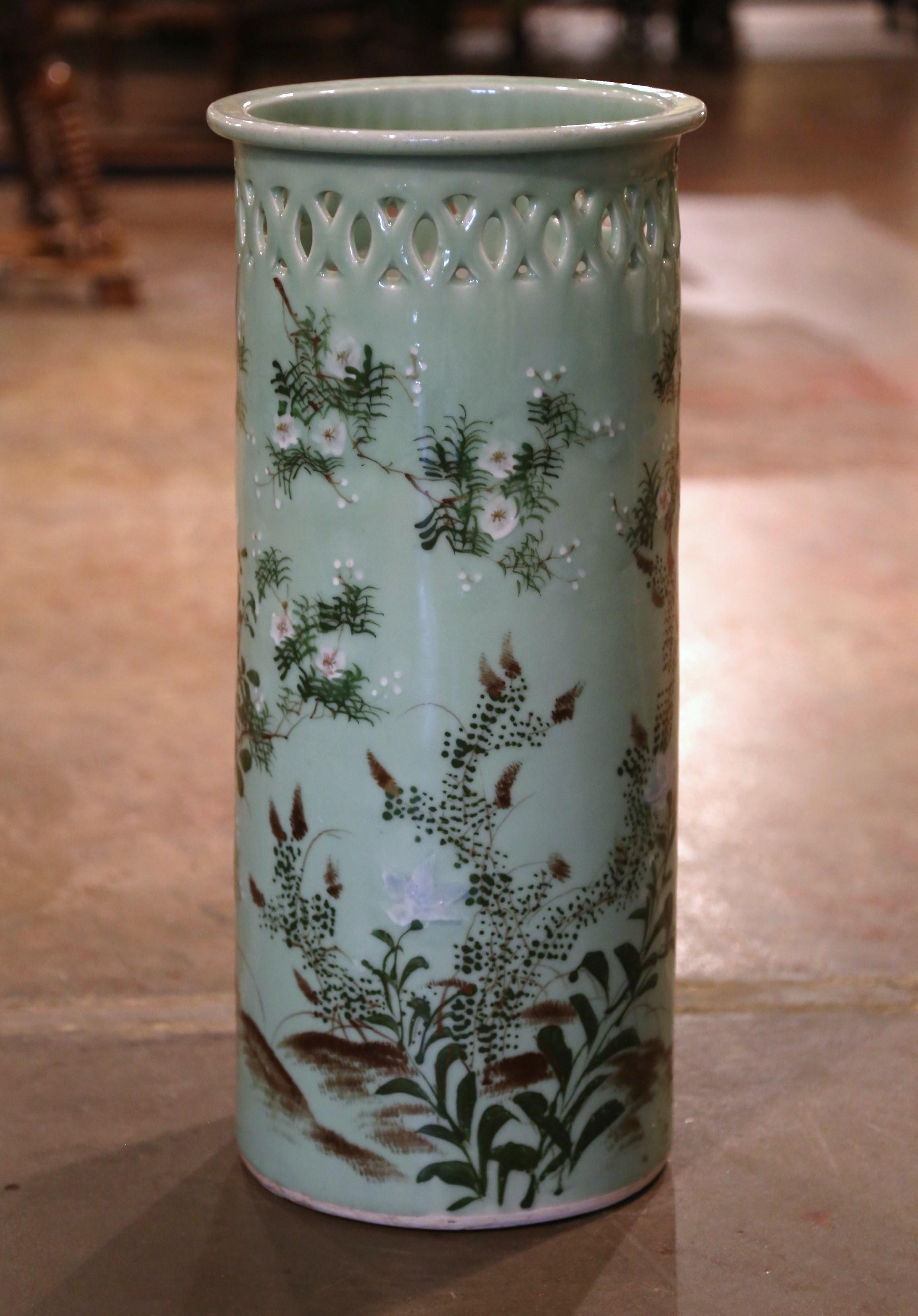 Mid-Century French Hand Painted Porcelain Umbrella Stand with Floral Motifs In Excellent Condition In Dallas, TX