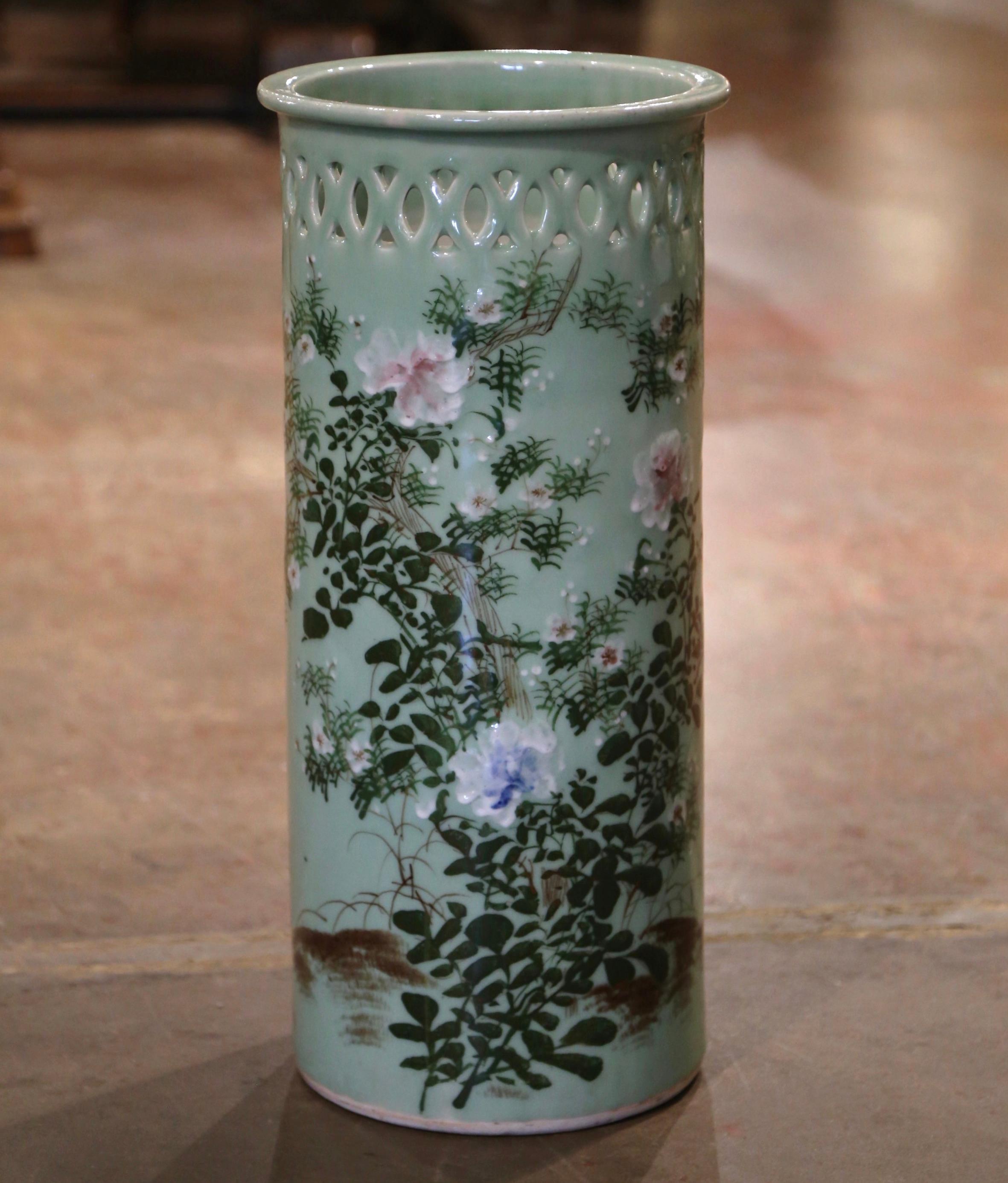 20th Century Mid-Century French Hand Painted Porcelain Umbrella Stand with Floral Motifs