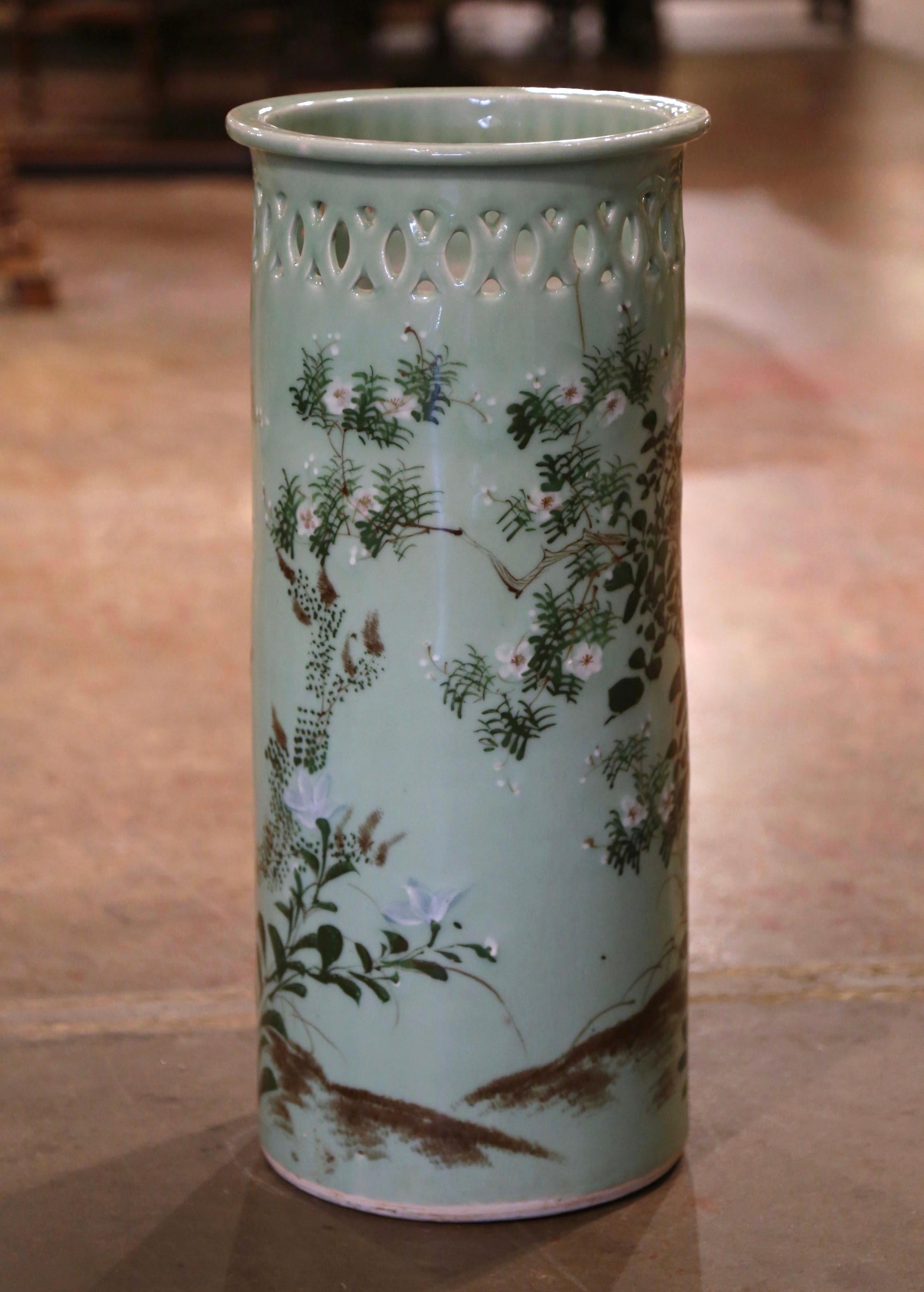 Mid-Century French Hand Painted Porcelain Umbrella Stand with Floral Motifs 1