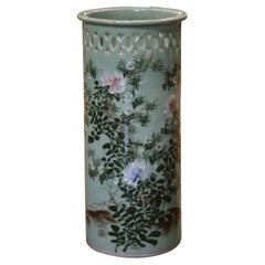 Mid-Century French Hand Painted Porcelain Umbrella Stand with Floral Motifs