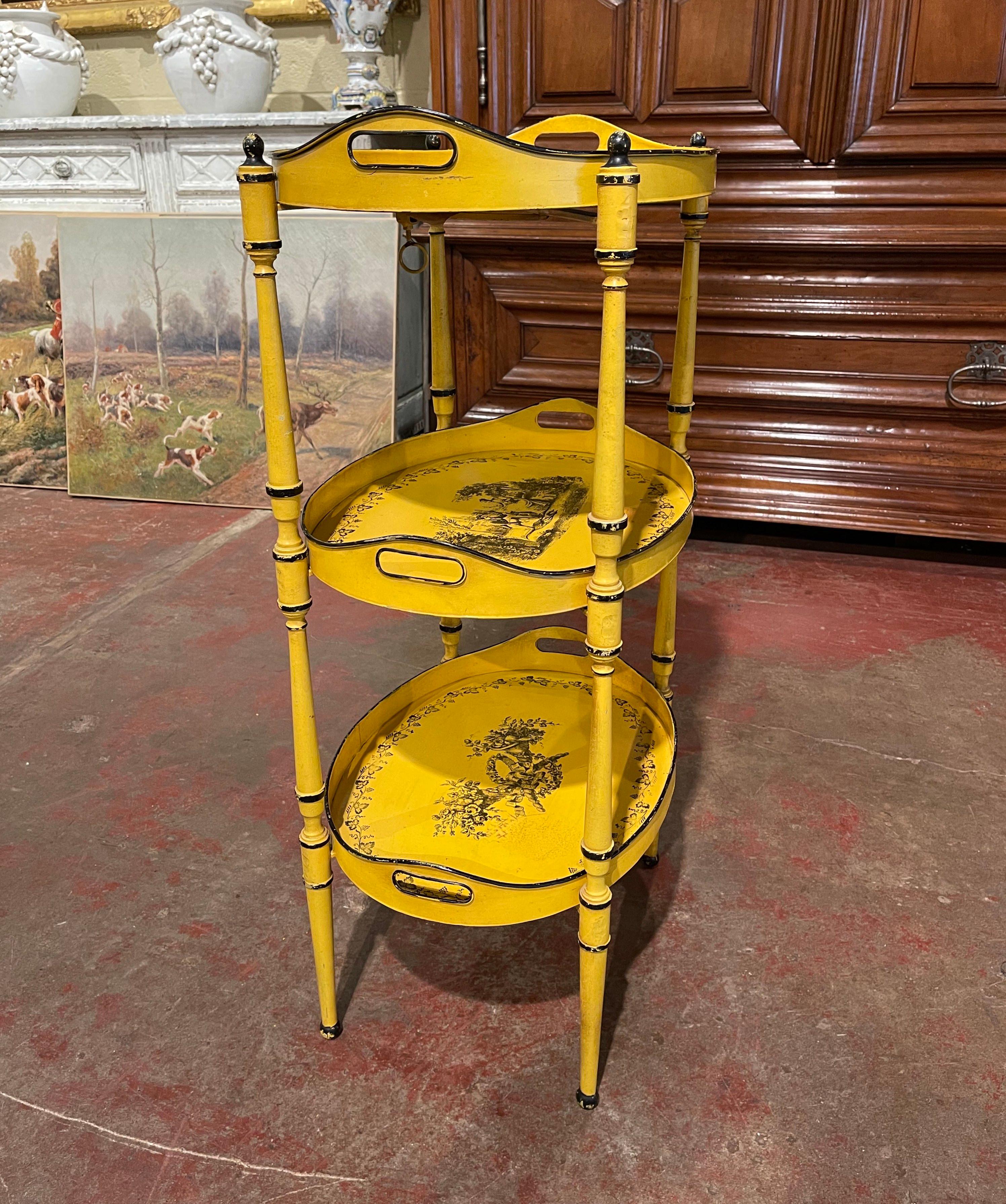 Hand-Crafted Mid-Century French Hand Painted Three-Tier Tole Side Table