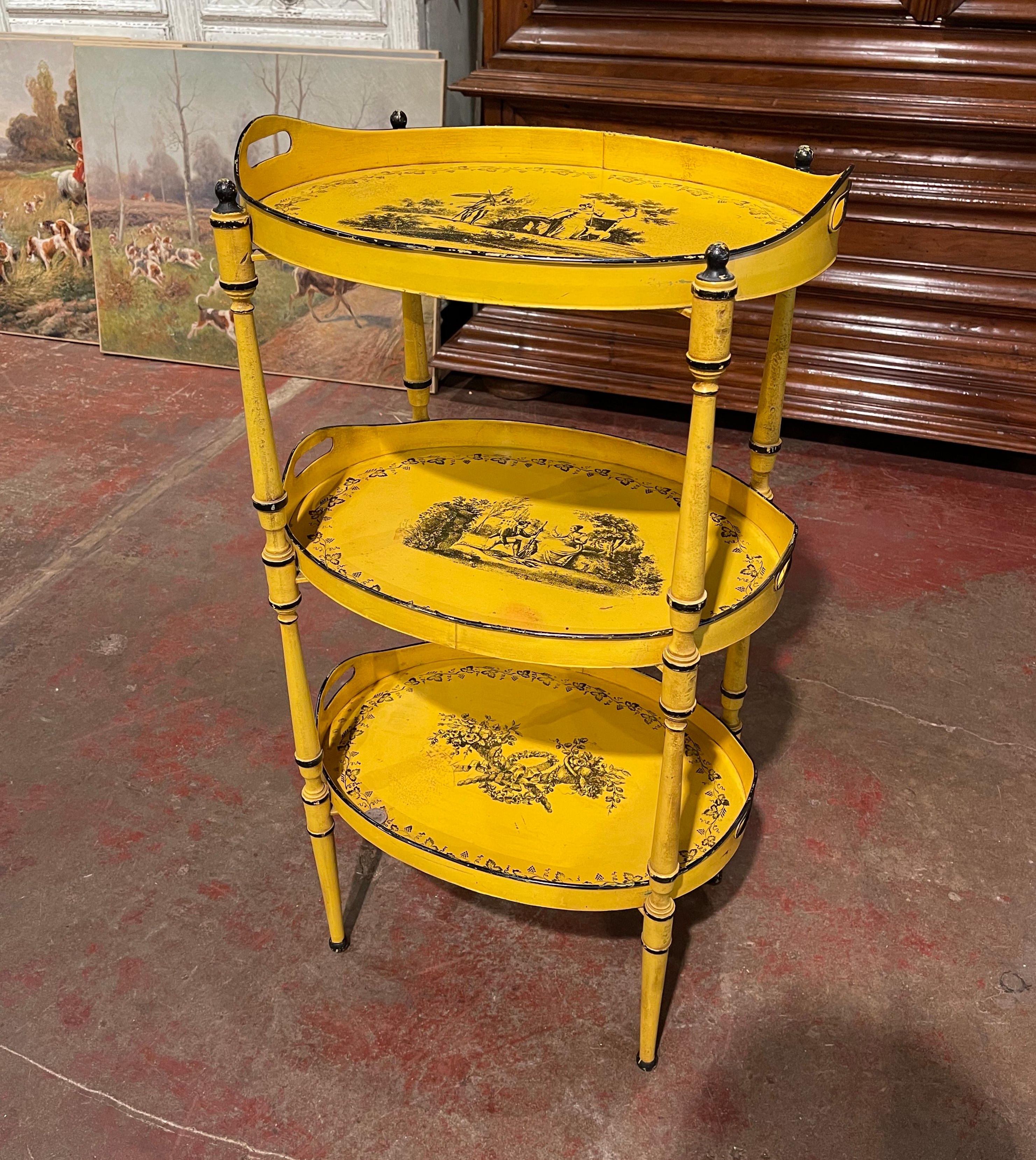 Mid-Century French Hand Painted Three-Tier Tole Side Table In Excellent Condition In Dallas, TX