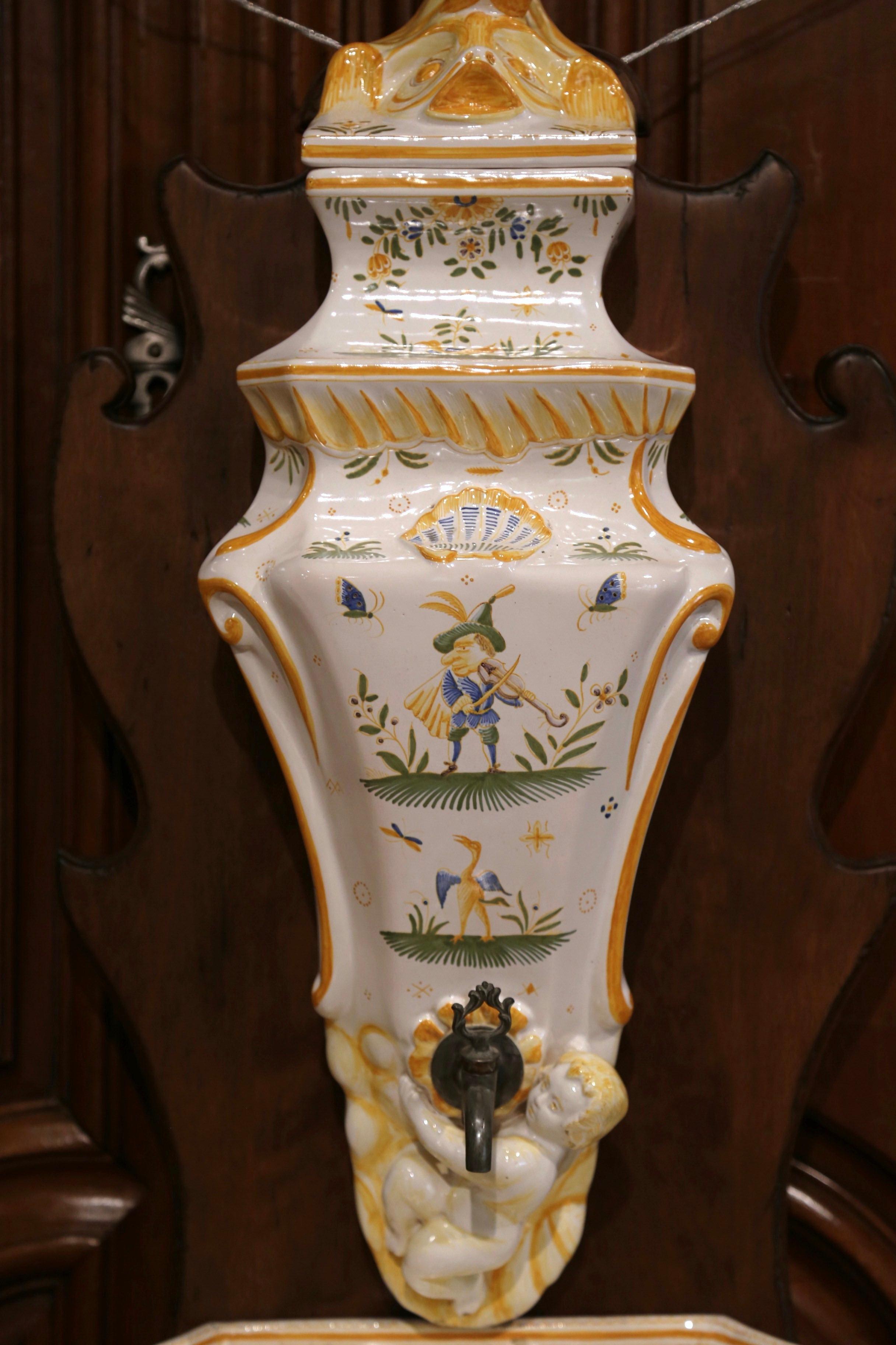 Louis XV Midcentury French Hand Painted Wall Faience Lavabo Fountain from Moustiers