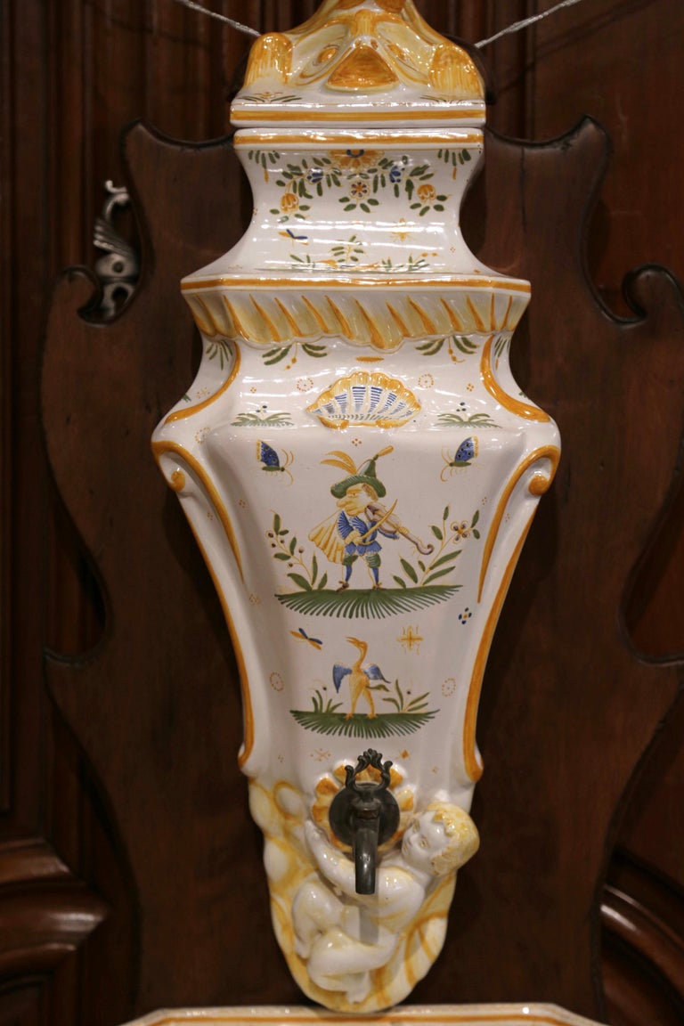 Louis XV Midcentury French Hand Painted Wall Faience Lavabo Fountain from Moustiers For Sale