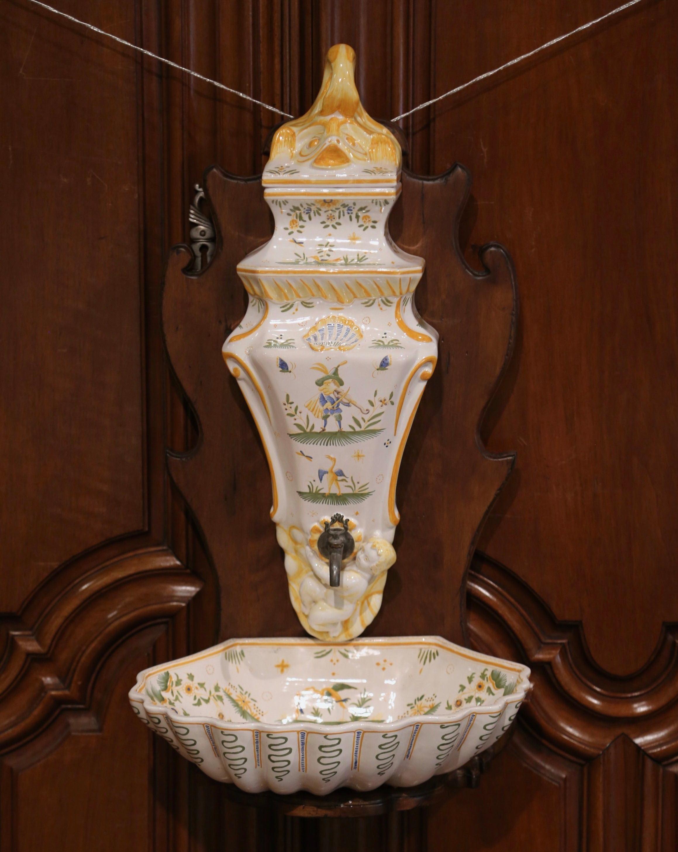Midcentury French Hand Painted Wall Faience Lavabo Fountain from Moustiers In Excellent Condition In Dallas, TX