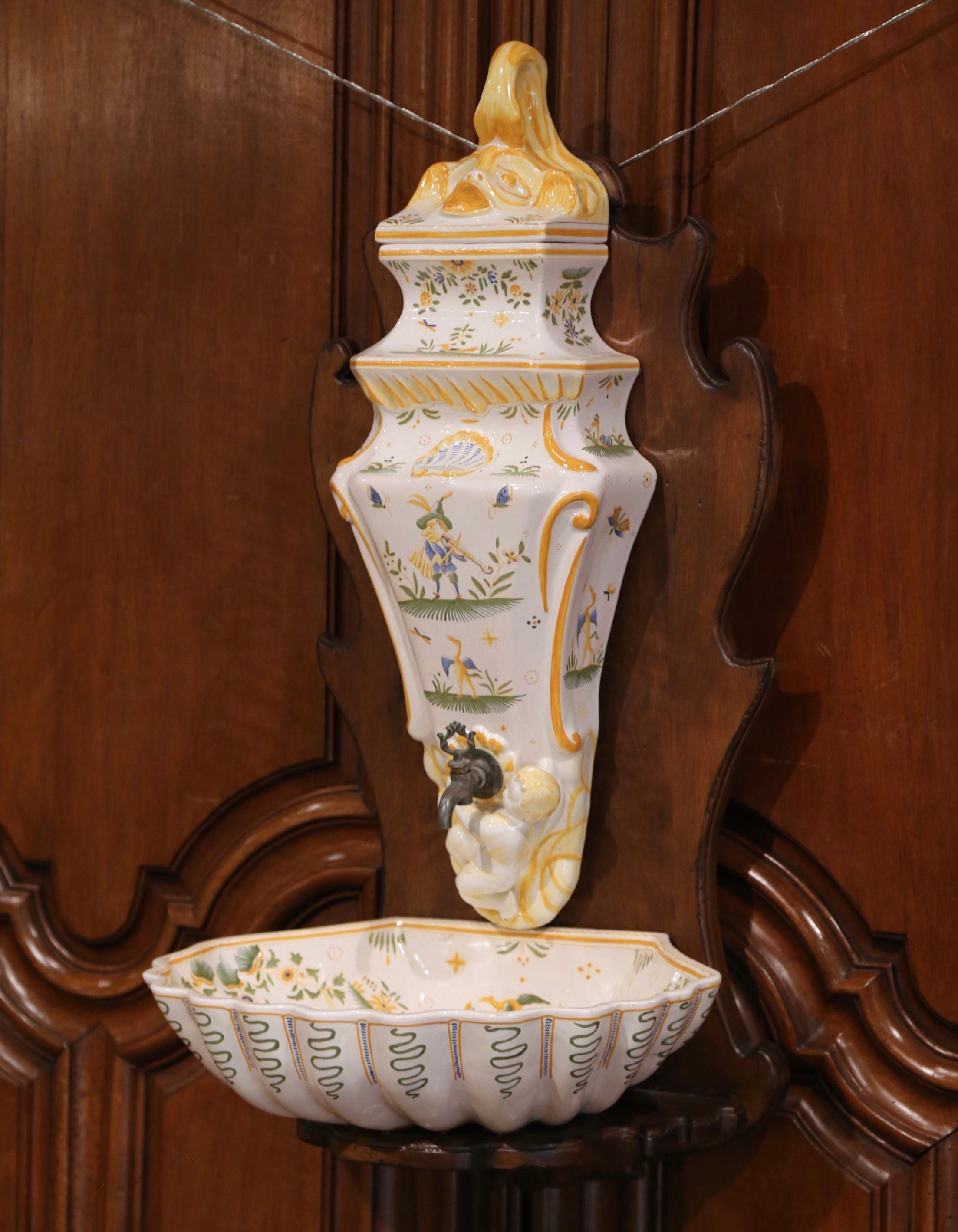 20th Century Midcentury French Hand Painted Wall Faience Lavabo Fountain from Moustiers