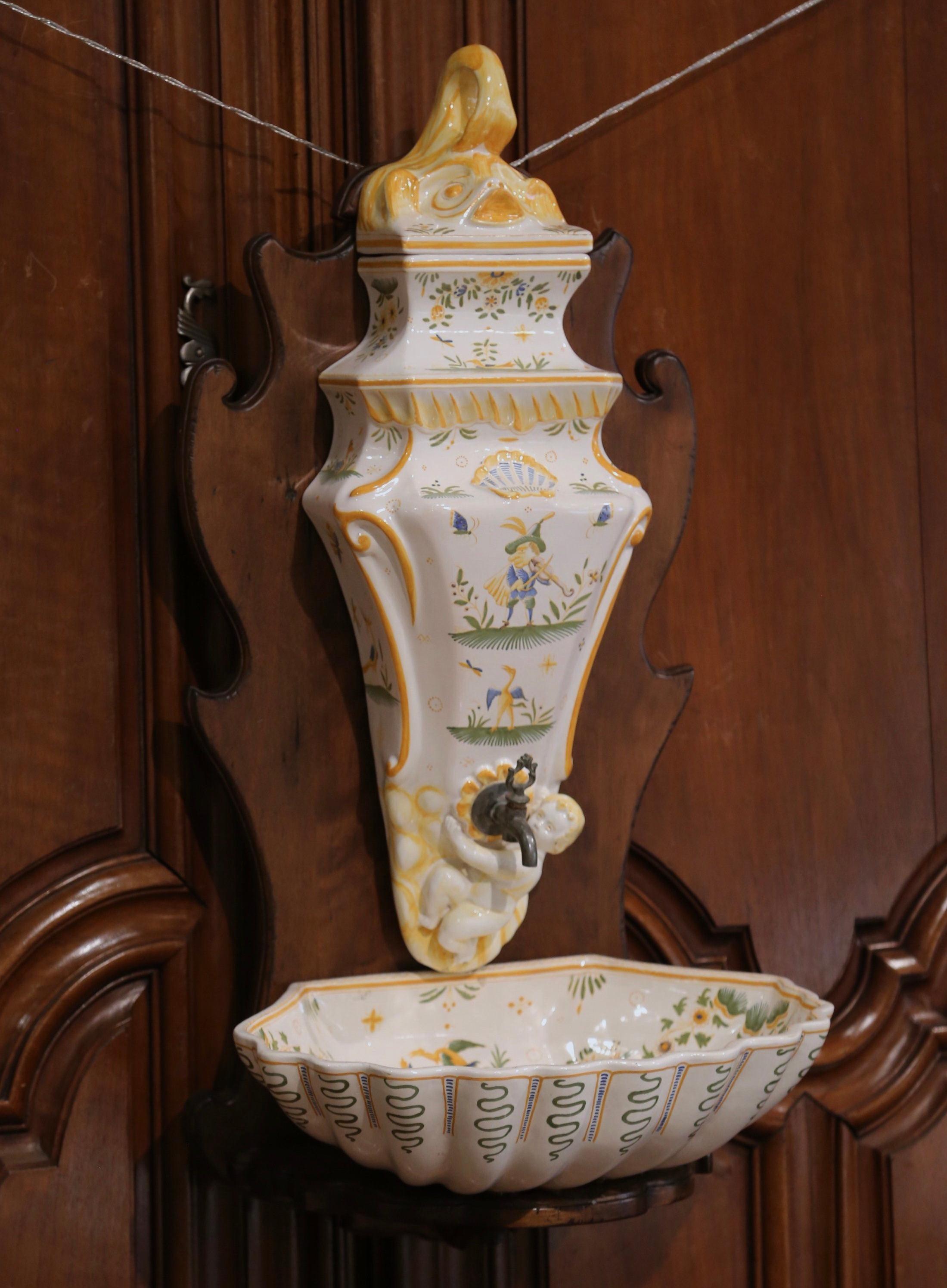 Midcentury French Hand Painted Wall Faience Lavabo Fountain from Moustiers 2