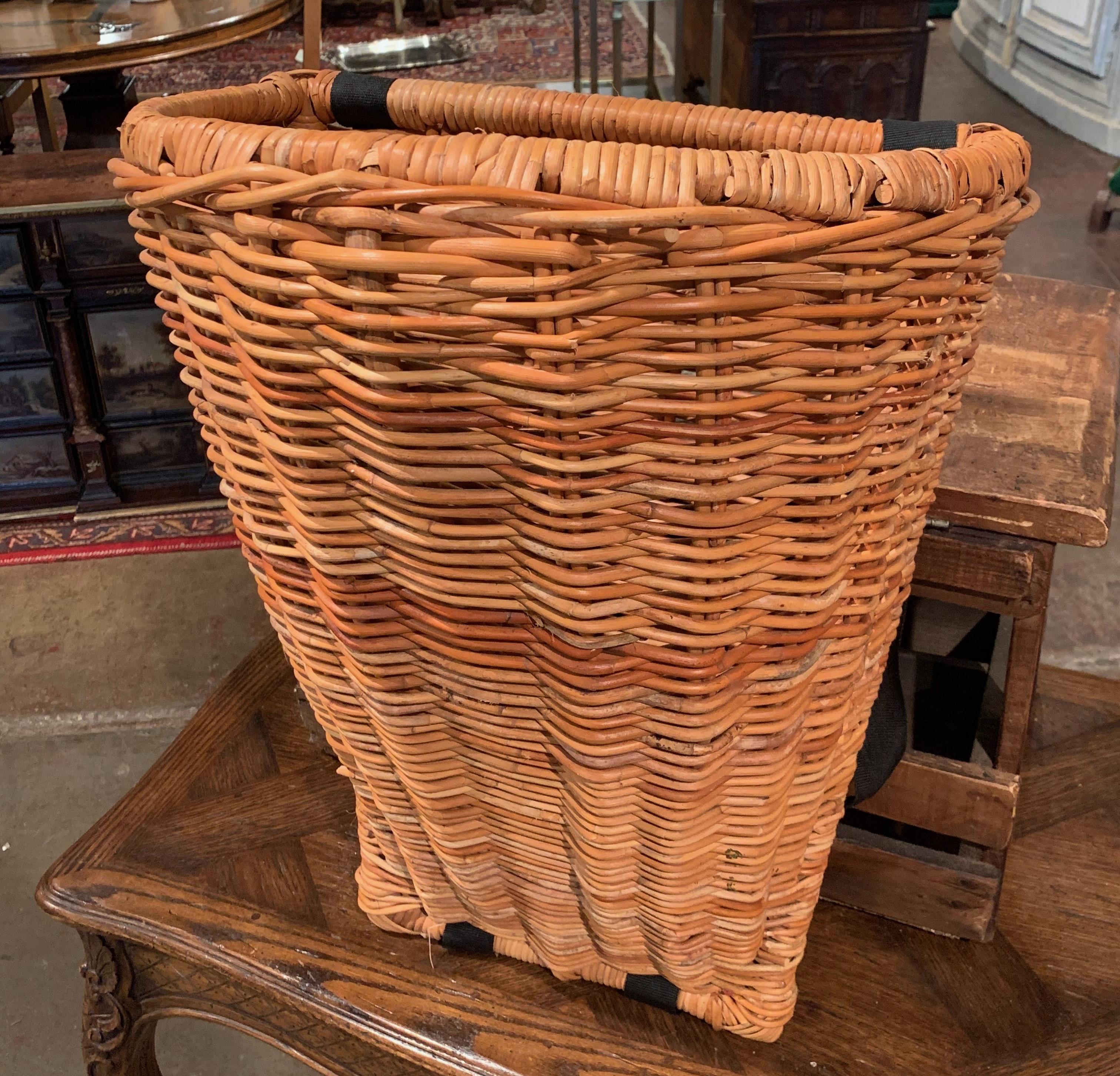 Midcentury French Handwoven Wicker Grape Basket from Burgundy with Straps In Excellent Condition In Dallas, TX