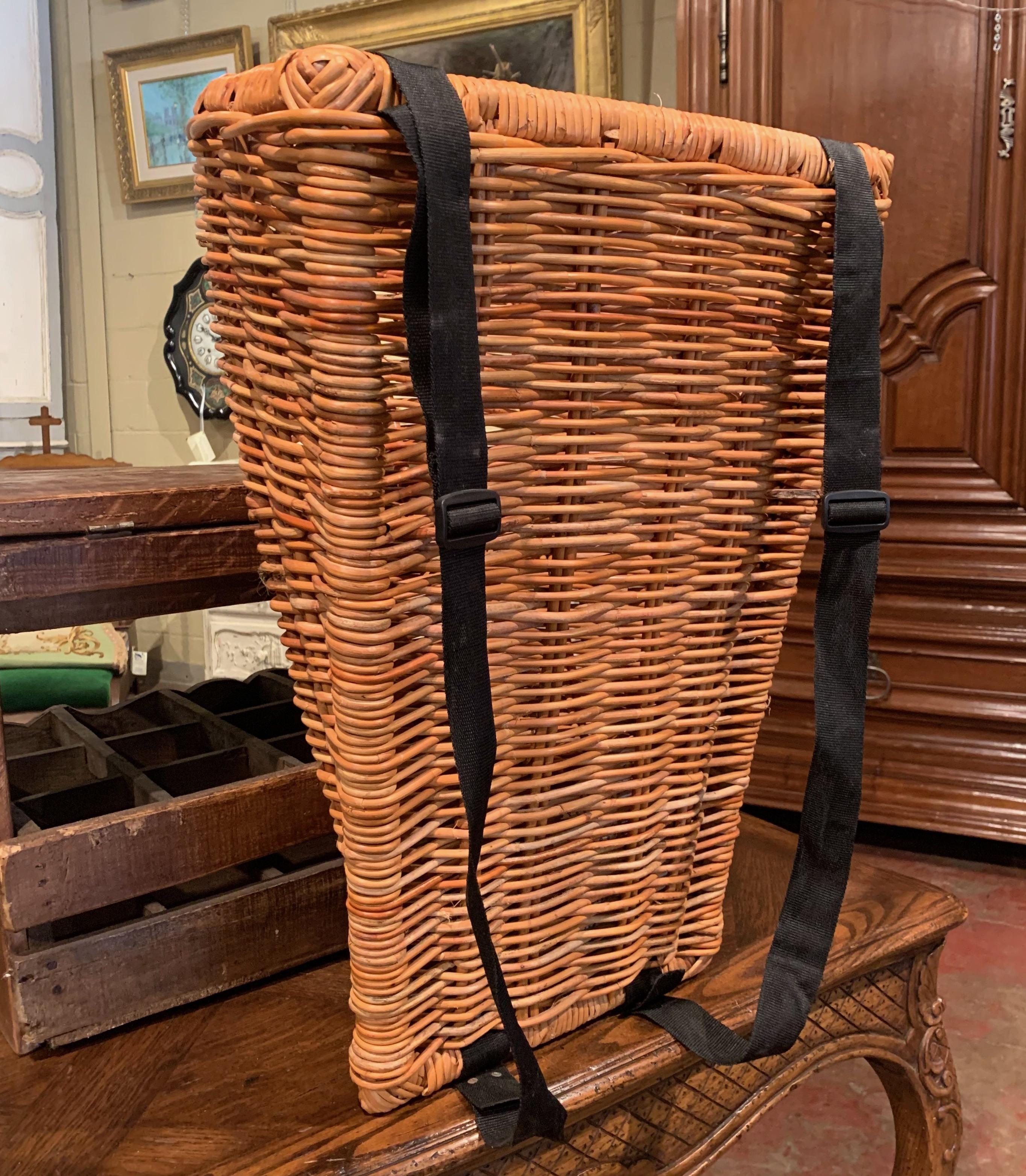 Midcentury French Handwoven Wicker Grape Basket from Burgundy with Straps 3